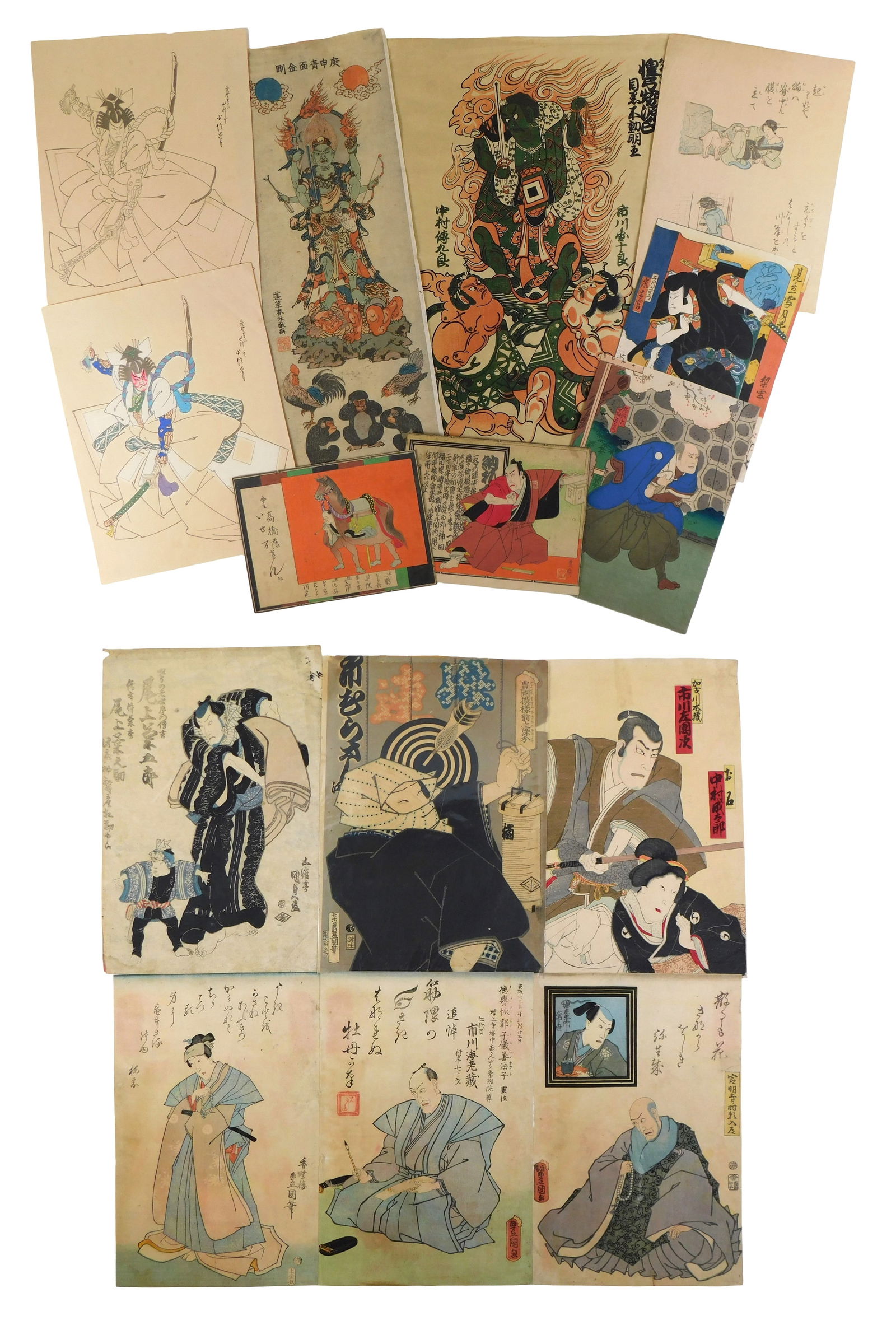 ASIAN: Assortment of woodblock prints, Japanese and other, some by Utagawa Kunisada (Japanese, 1786: ASIAN: Assortment of woodblock prints, Japanese and other, some by Utagawa Kunisada (Japanese, 1786 - 1864), two larger pieces featuring deities, three Ukiyo-e kabuki scenes, three "Shini-e" (memorial