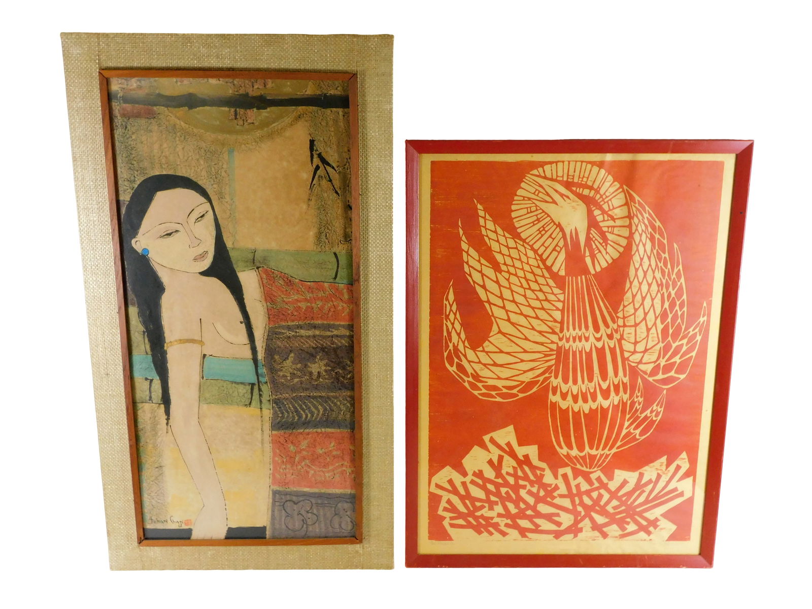 Two 20th C. artworks by Jehan Chan and Sabra Johnson Field, both signed and framed under glass,: Two 20th C. artworks by Jehan Chan and Sabra Johnson Field, both signed and framed under glass, details include: Sabra Johnson Field (American, b. 1935) “The Phoenix”, 20th C., woodblock on pa