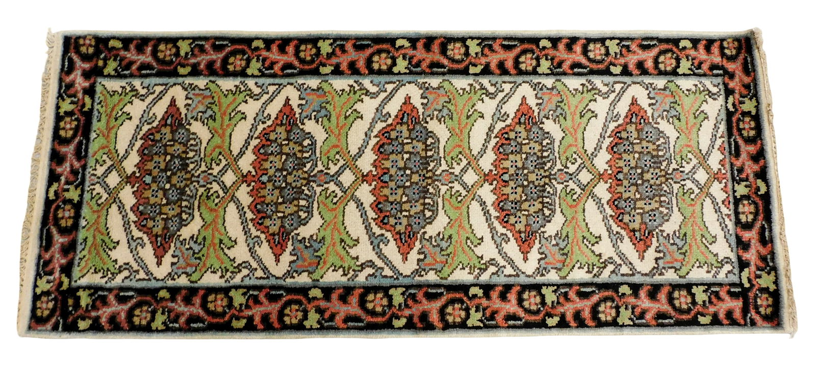 RUG: William Morris Arts & Crafts style runner, 2' 7" x 6', wool on cotton, repeating stylized: RUG: William Morris Arts & Crafts style runner, 2' 7" x 6', wool on cotton, repeating stylized floral design, wear consistent with age and use, made in the last ten years.