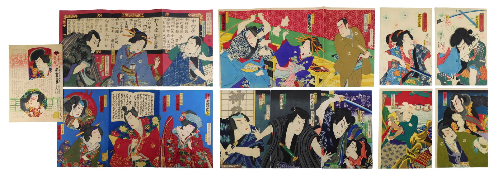 ASIAN: Nine woodblock prints, including by Toyohara Kunichika (Japanese,1835-1900), four triptychs,: ASIAN: Nine woodblock prints, including by Toyohara Kunichika (Japanese,1835-1900), four triptychs, Ukiyo-e, vibrantly colored kabuki scenes, three hinged/glued into one long sheet and one with parts