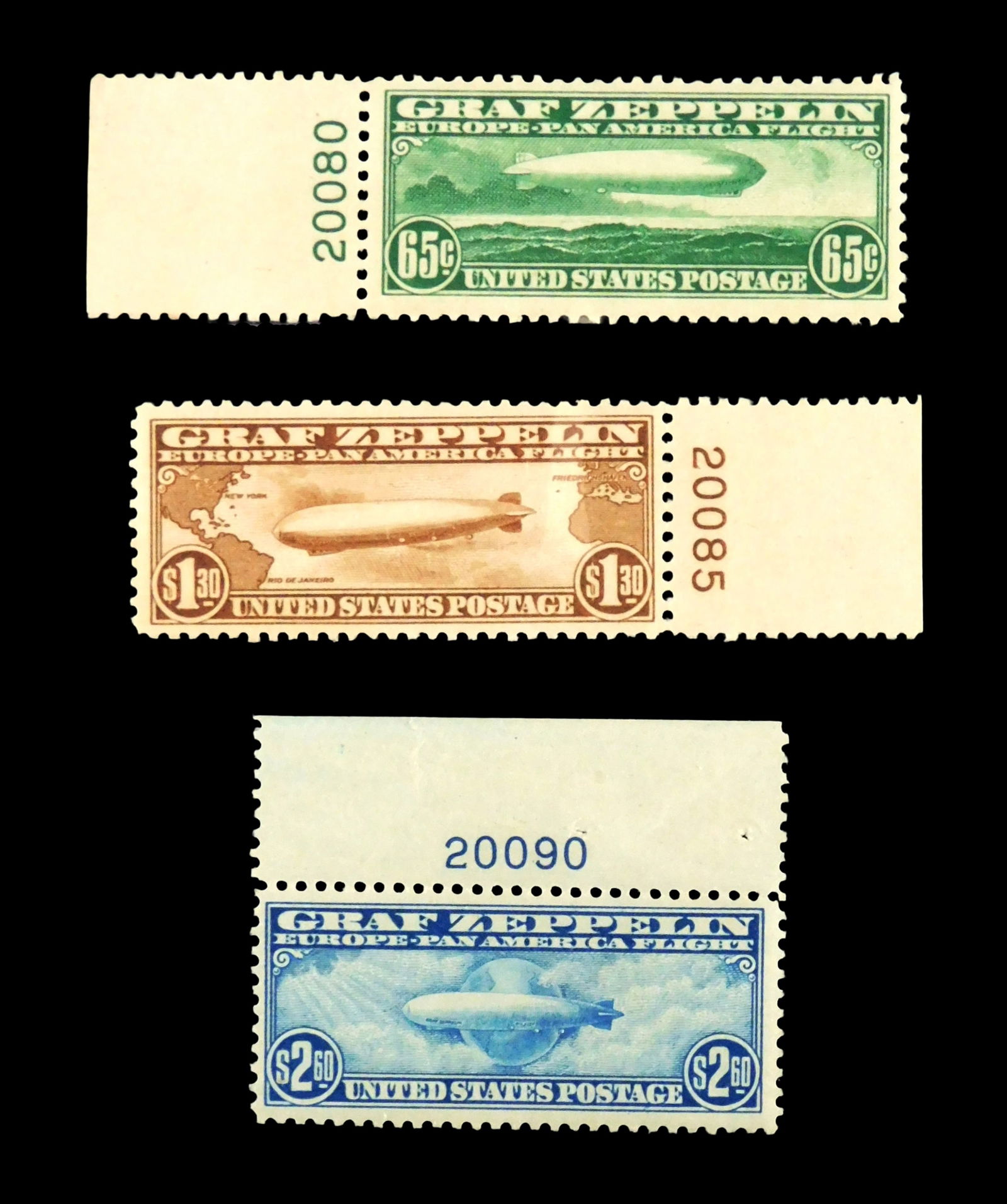 STAMPS: U.S. Scott C13 - C15 Graf Zeppelin set, top and side plate numbers set of three mint, never (1 of 3)