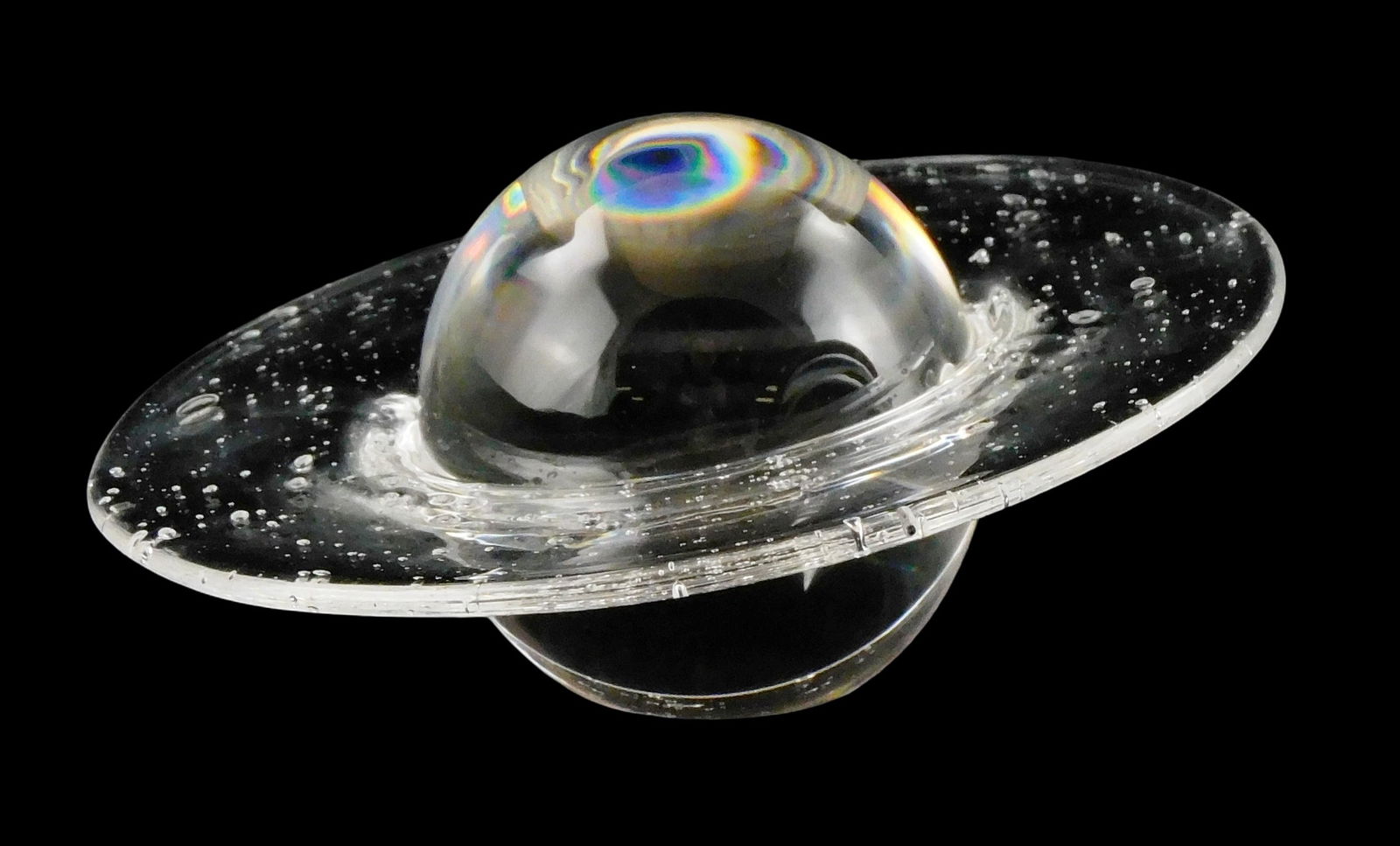 ART GLASS: Steuben “Saturn?? paperweight, #8609, designed by James Noll, signed on base,: ART GLASS: Steuben “Saturn” paperweight, #8609, designed by James Noll, signed on base, planetary orb surrounded by thin glass ring, light wear consistent with age and decorative use ,3 1/4&rd