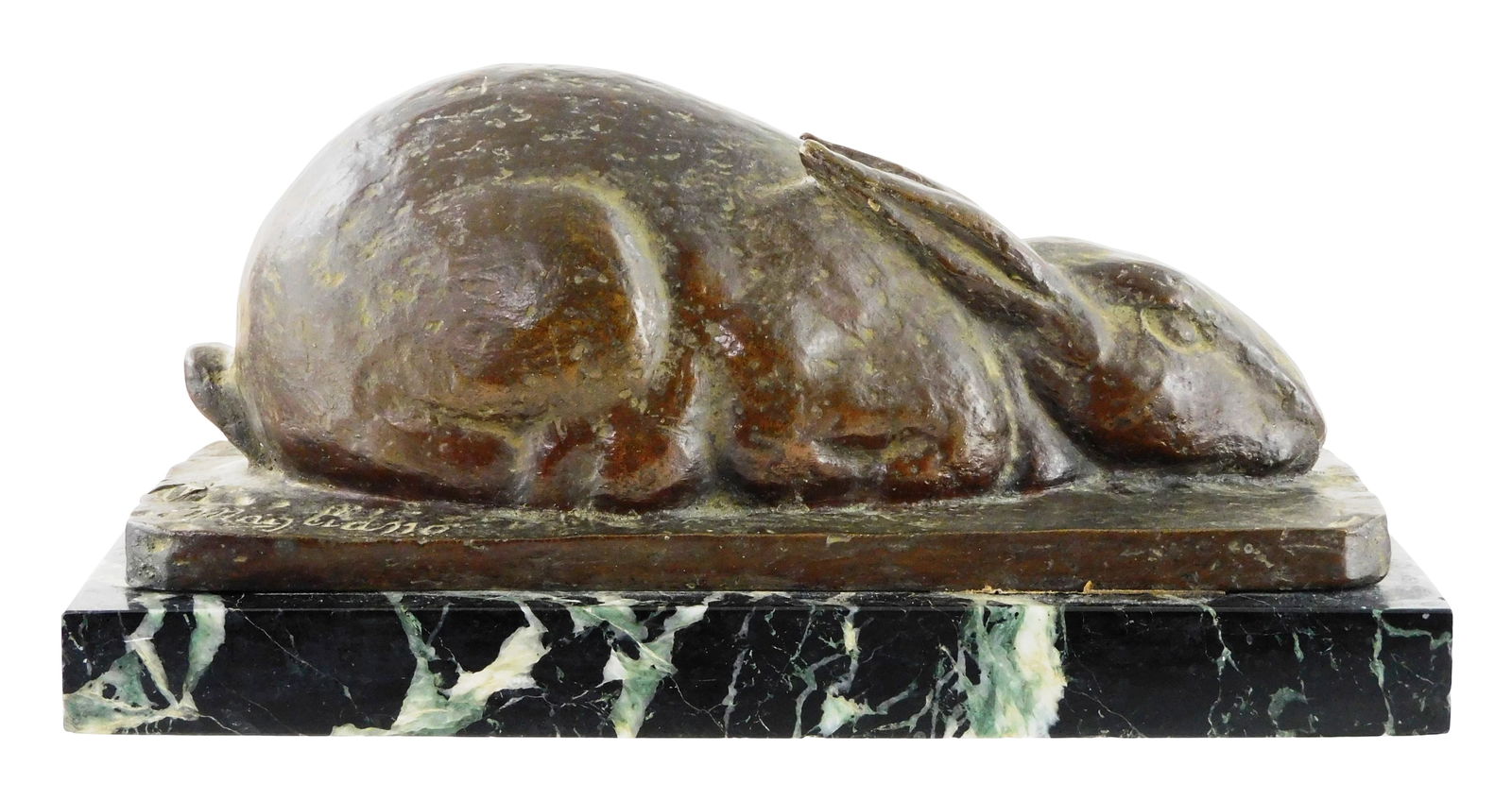 SCULPTURE: Massimo Enrico Magliano (Italian, 20th C.), bronze of reclining rabbit, signed "Magliano": SCULPTURE: Massimo Enrico Magliano (Italian, 20th C.), bronze of reclining rabbit, signed "Magliano" on base along with stamped Valsuani foundry mark, loosely mounted on black marble base with white v