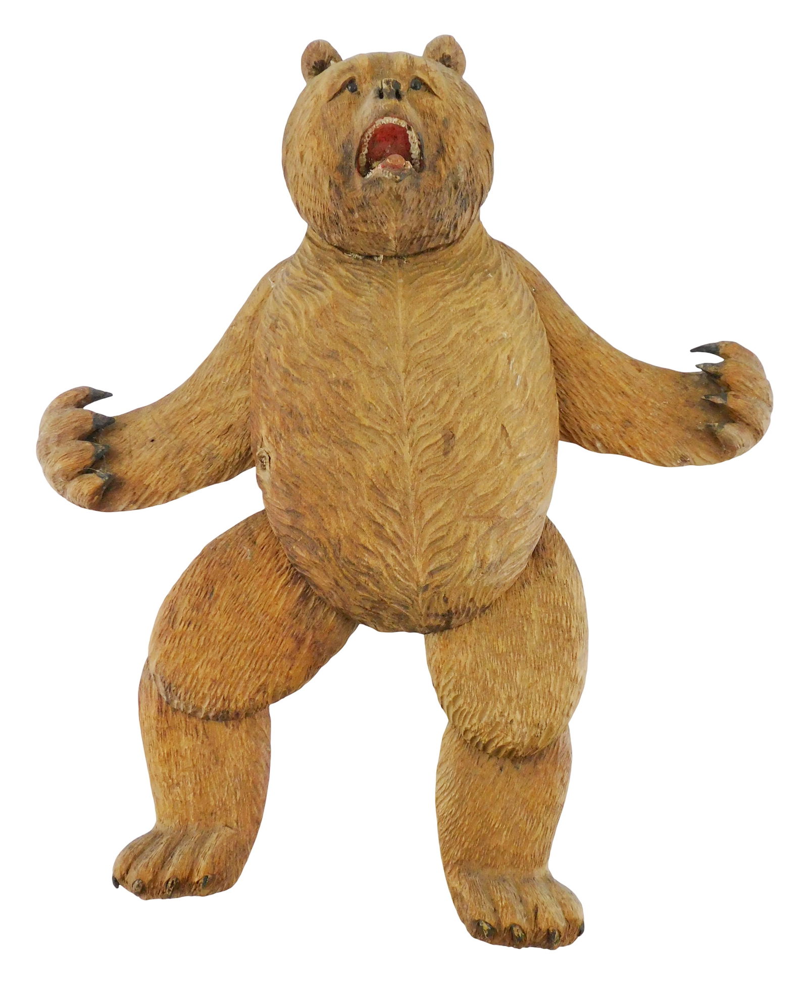 Swiss Black Forest articulated dancing bear toy, late 19th-early 20th C., carved wood bear toy with: Swiss Black Forest articulated dancing bear toy, late 19th-early 20th C., carved wood bear toy with loose jointed limbs, once connected with drawstring to make limbs ‘dance’, carved and textured b