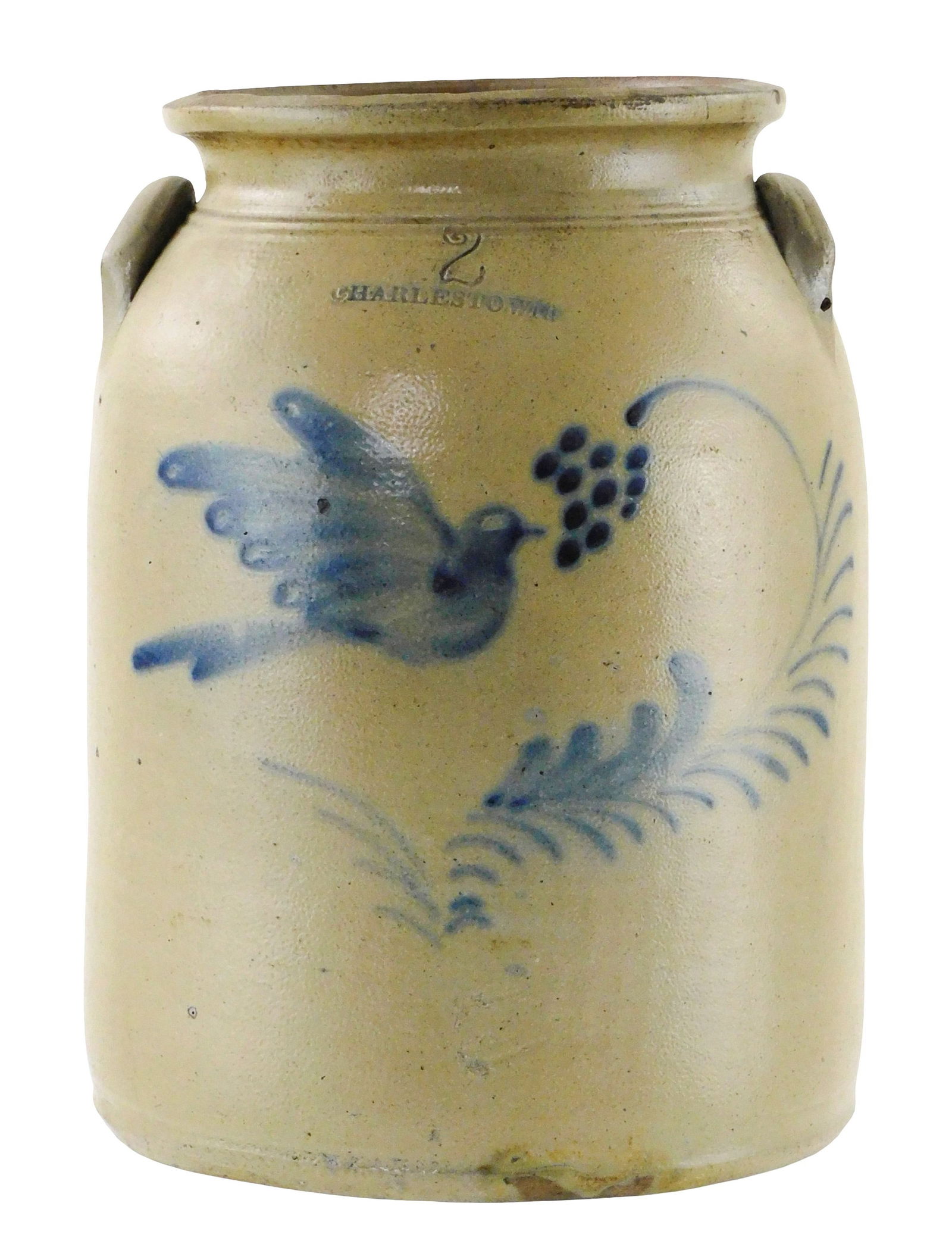 Edmands Charlestown stoneware 2-gallon crock, Massachusetts, 19th C., marked “2 Charlestown??, (1 of 3)