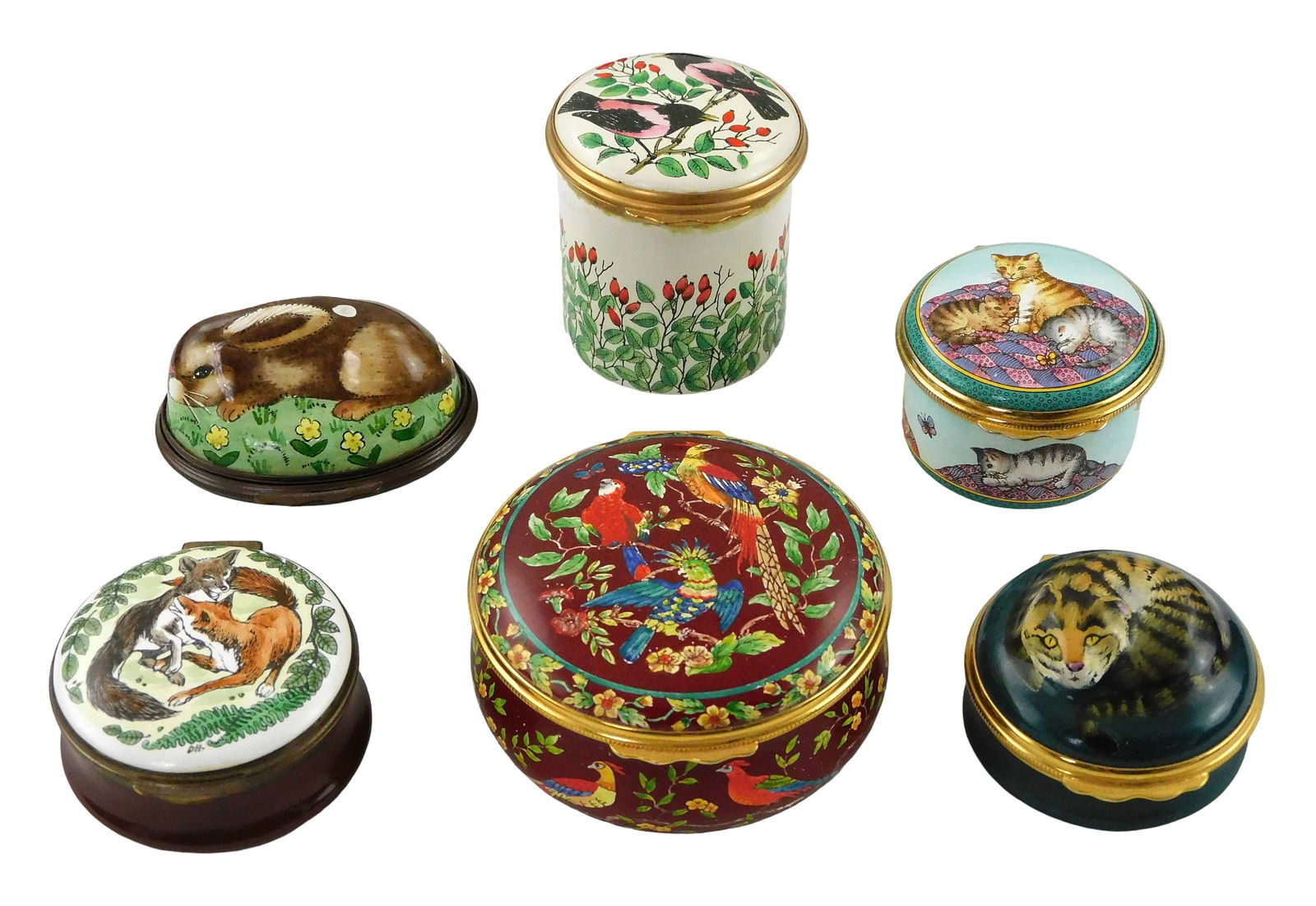 Six animal themed enamel trinket boxes, Halcyon Days, Bilston and Battersea and Crummles, 20th C., (1 of 4)