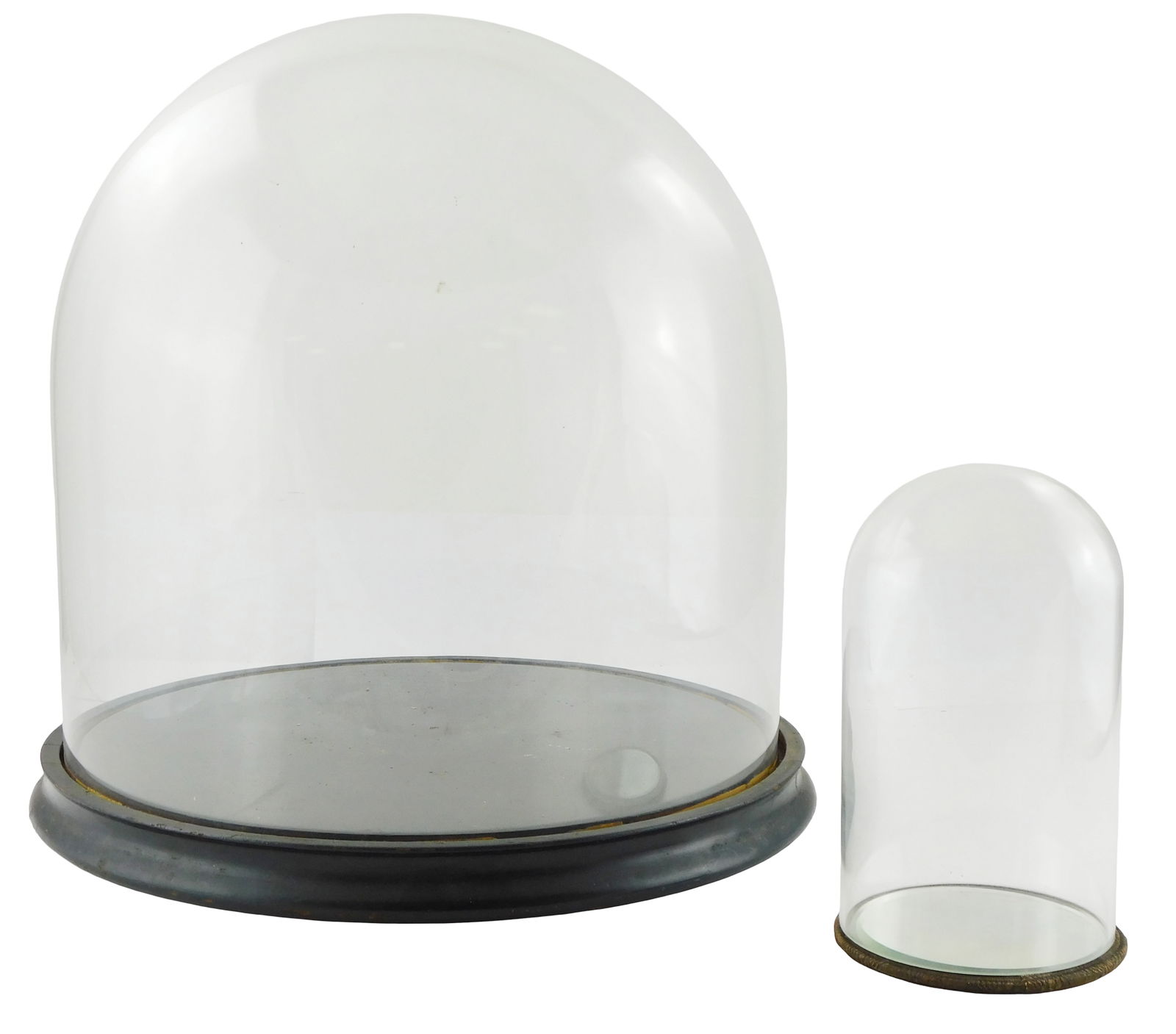 Two glass display domes on carved wooden bases, 20th C., blown glass domes fitted to carved or (1 of 3)