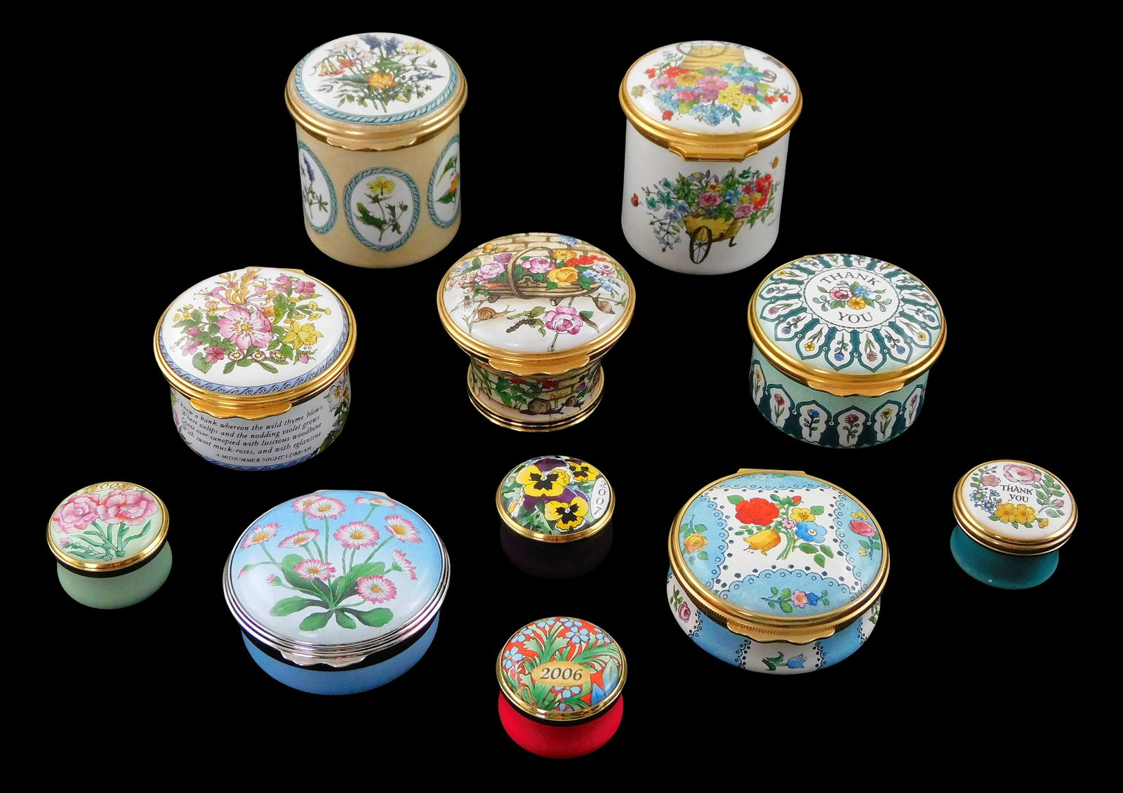 Eleven floral themed enamel trinket boxes, Halcyon Days and Cartier, 20th C., England, including: (1 of 4)