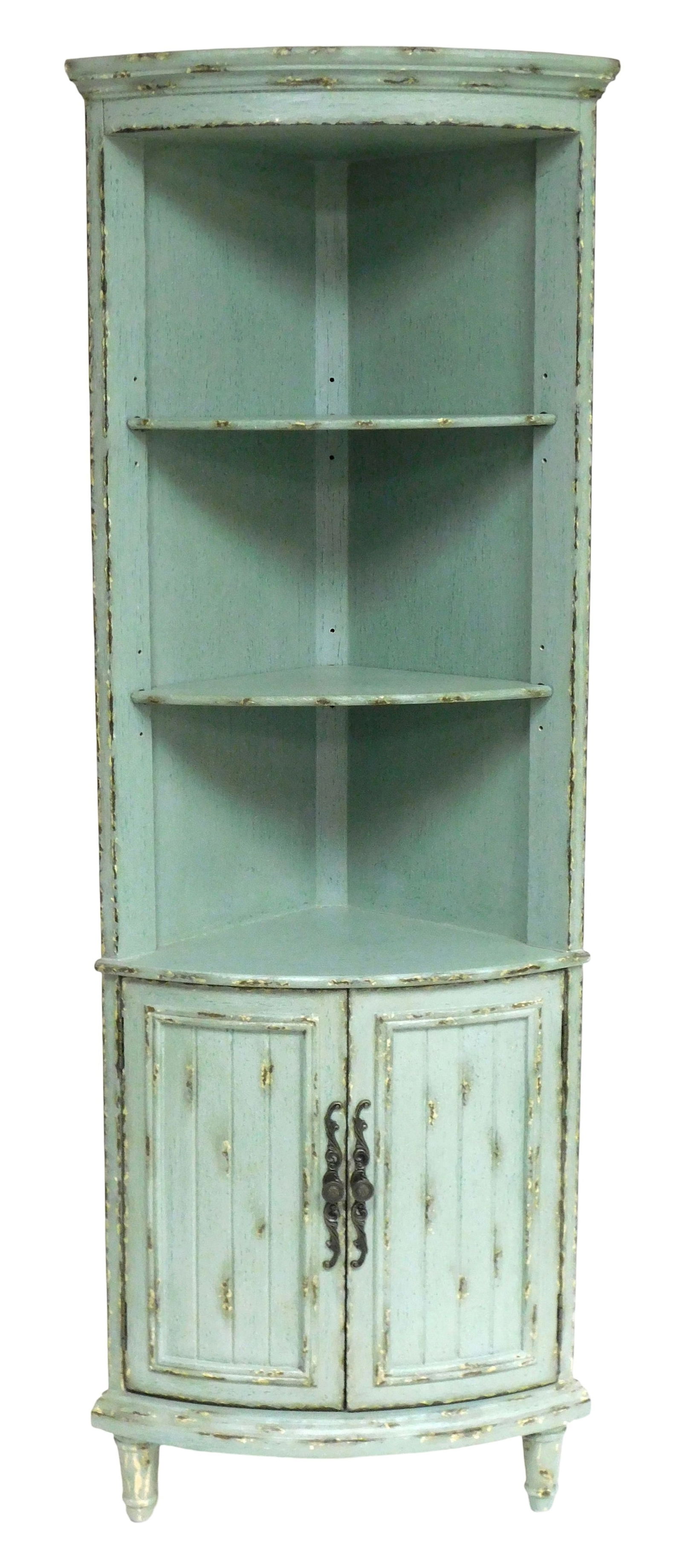 Corner cabinet by Soft Surroundings, 21st C., distressed blue finish, standing bow front cabinet (1 of 5)