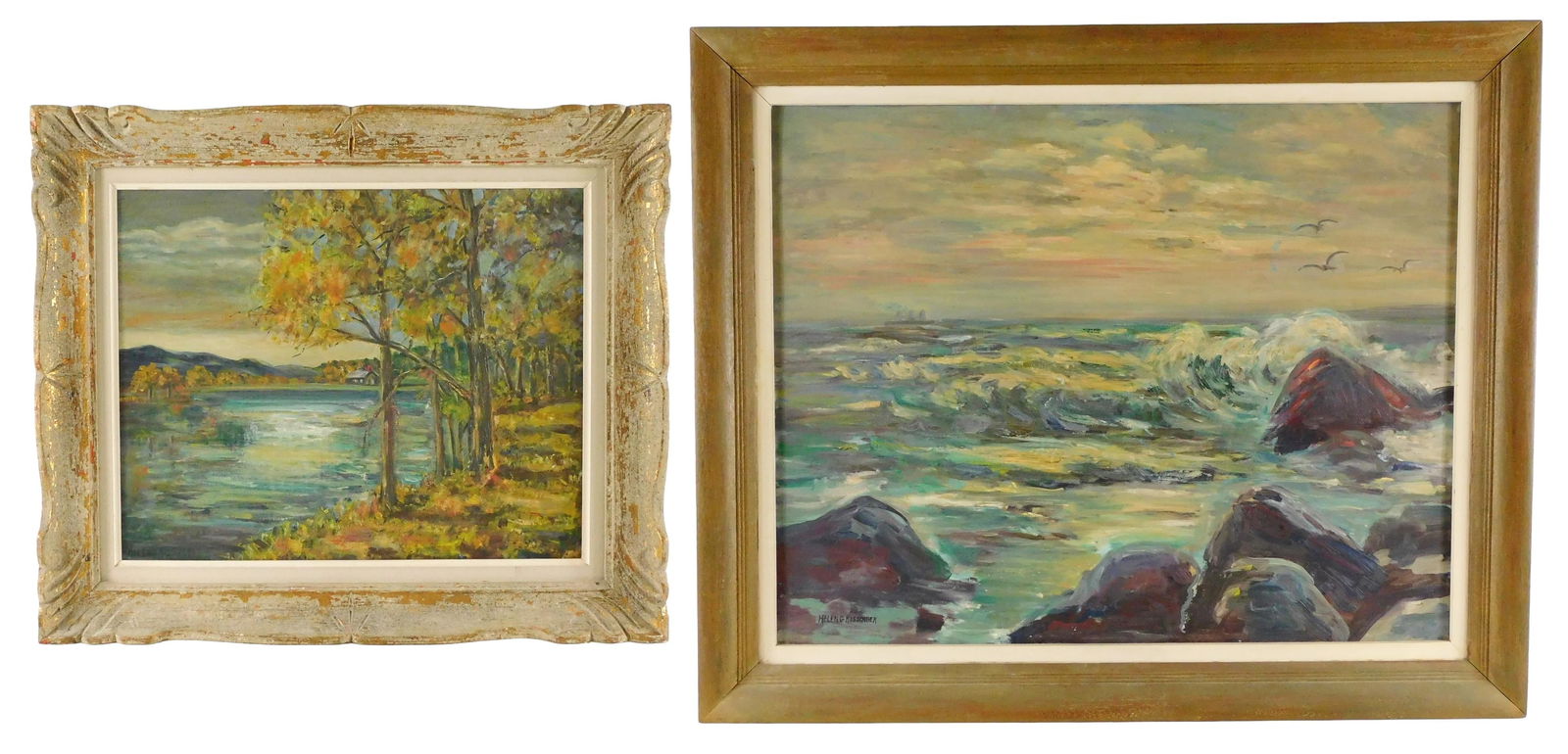Helen G. Kissinger (American, 20th C.), two framed oils, including: “Untitled (Rocky Seascape)??,: Helen G. Kissinger (American, 20th C.), two framed oils, including: “Untitled (Rocky Seascape)”, oil on canvas, depicts rolling surf onto beach littered with large boulders, hazy horizon line