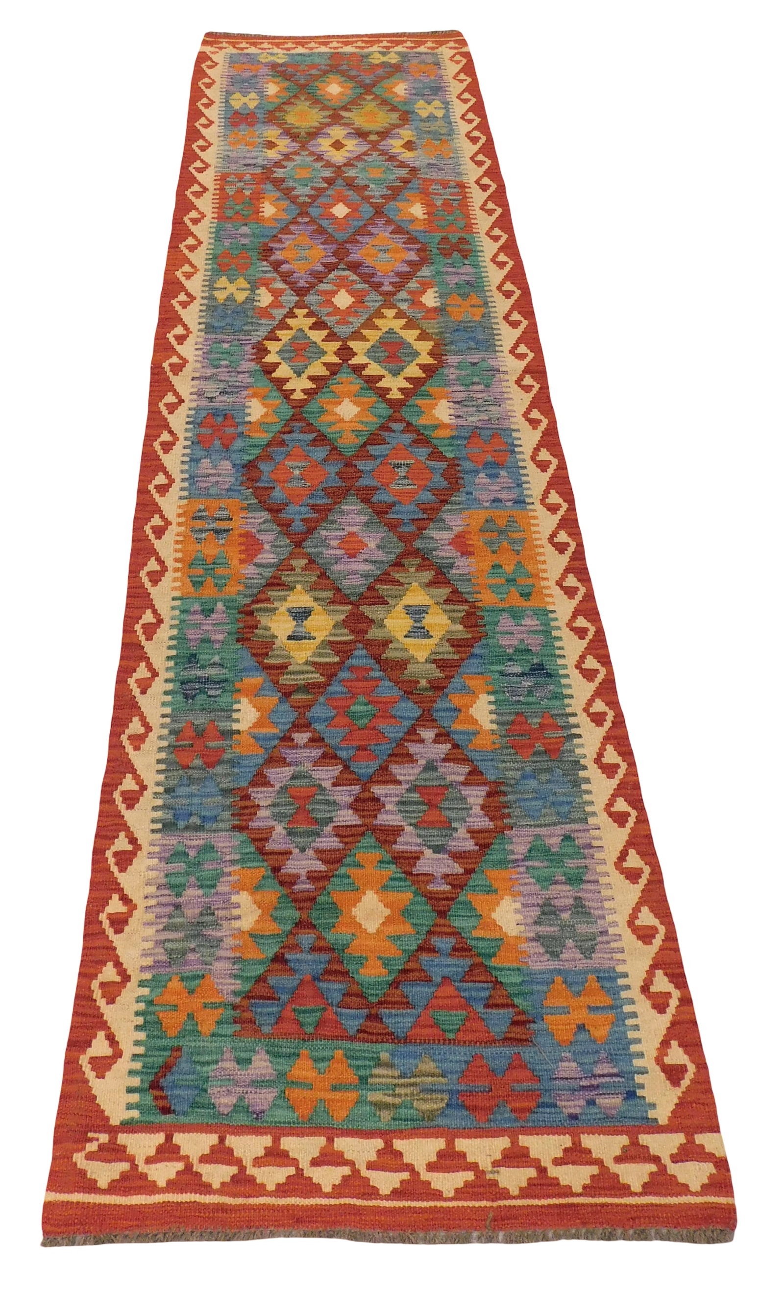 RUG: Turkish kilim runner, 2' 7" x 9' 6", wool on wool, vibrant geometric design, red and white: RUG: Turkish kilim runner, 2' 7" x 9' 6", wool on wool, vibrant geometric design, red and white border, wear consistent with age and use.
