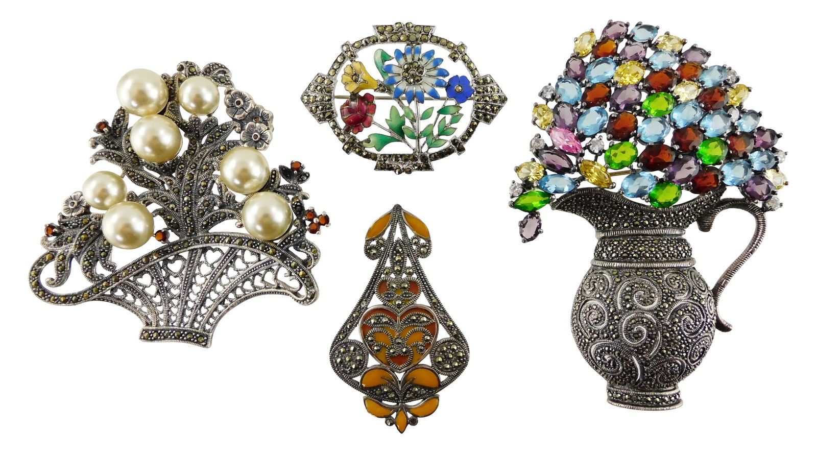 JEWELRY: Four floral brooches, in sterling and marcasite, including two large statement pins by MT, (1 of 4)