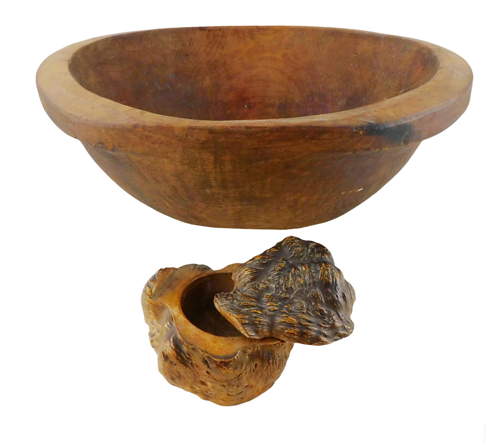 Two carved wooden bowls: large oblong treen bowl with thickened lip flanking handles, no maker's (1 of 8)