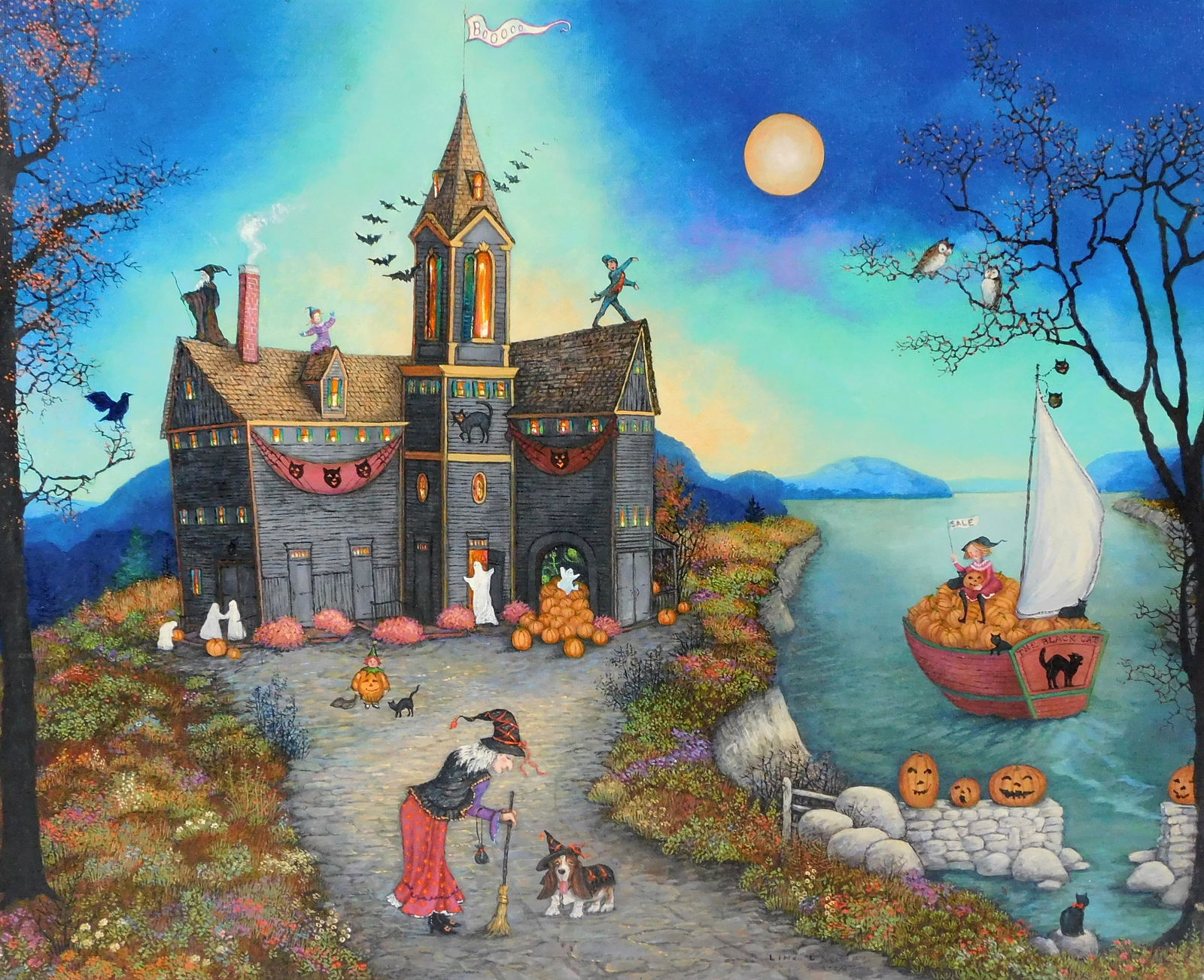 Linda Nelson Stocks (American, 1938-2011), “Halloween Pumpkin Cove??, 2004, oil on archival: Linda Nelson Stocks (American, 1938-2011), “Halloween Pumpkin Cove”, 2004, oil on archival canvas, signed and dated lower right, depicts New England Halloween fantasy scene, witch with broom a
