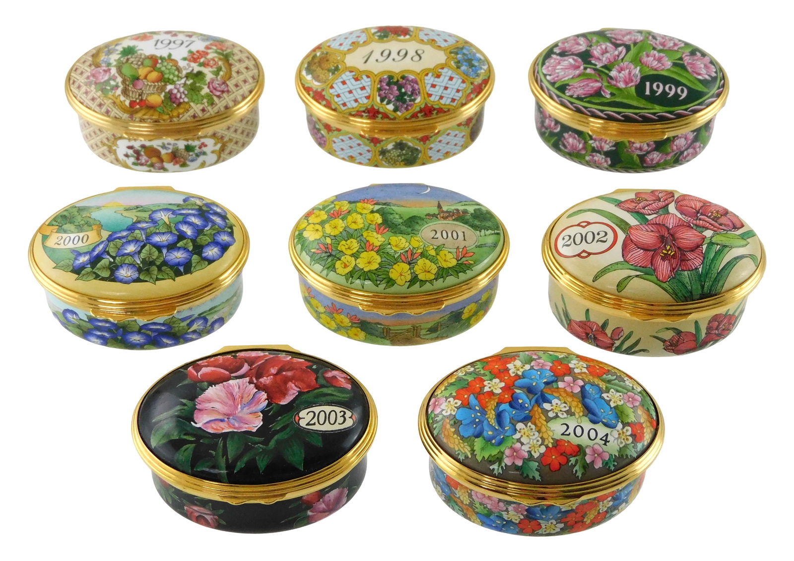Eight Halcyon Days “A Year to Remember?? enamel trinket boxes, 1997-2004, England, all with (1 of 3)