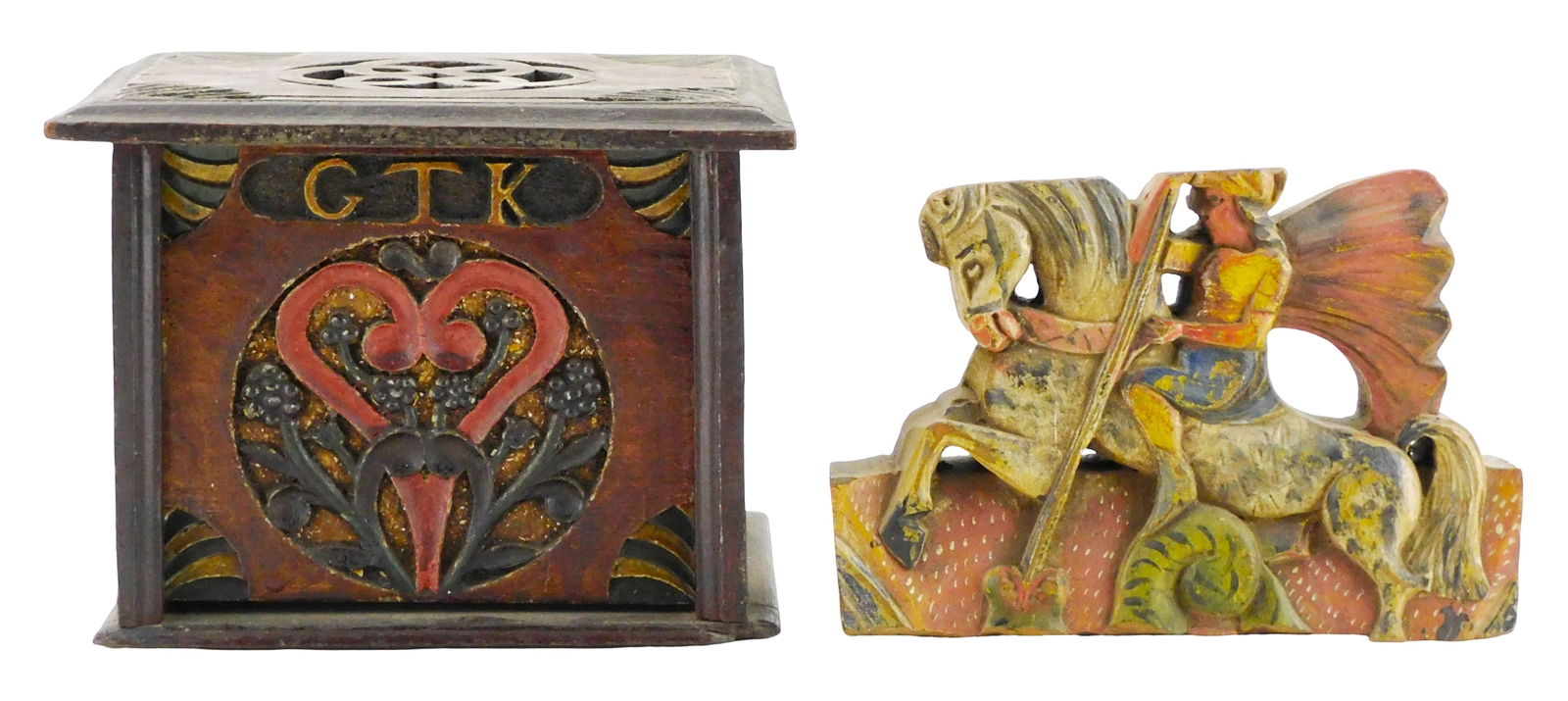 Carved and painted wood folk art pieces, jewelry box and cart ornament, including: folk art floral (1 of 3)