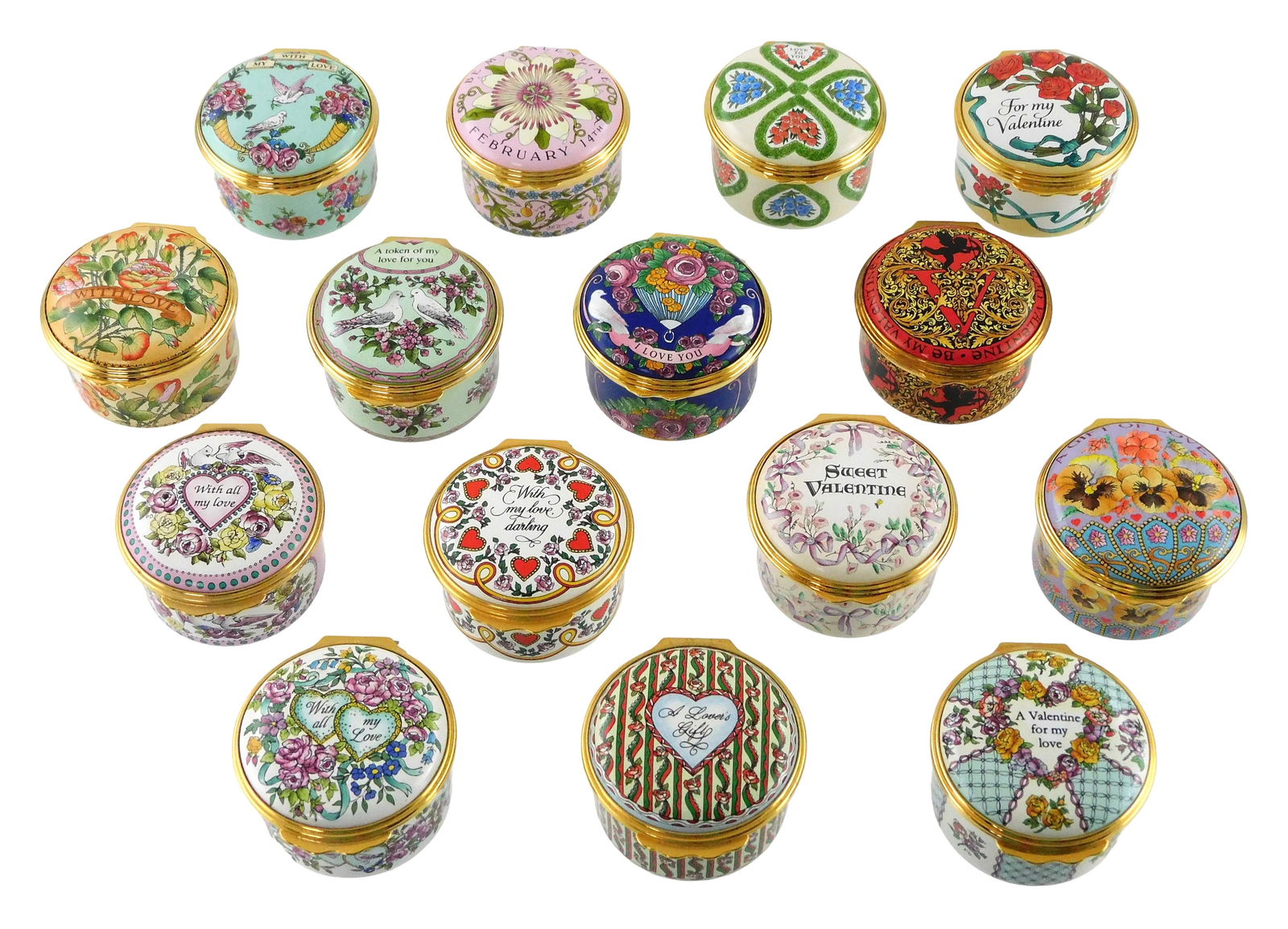 Fifteen Halcyon Days “St. Valentine's Day?? enamel trinket boxes, 1994-2006, 2008, 2010, England, (1 of 2)