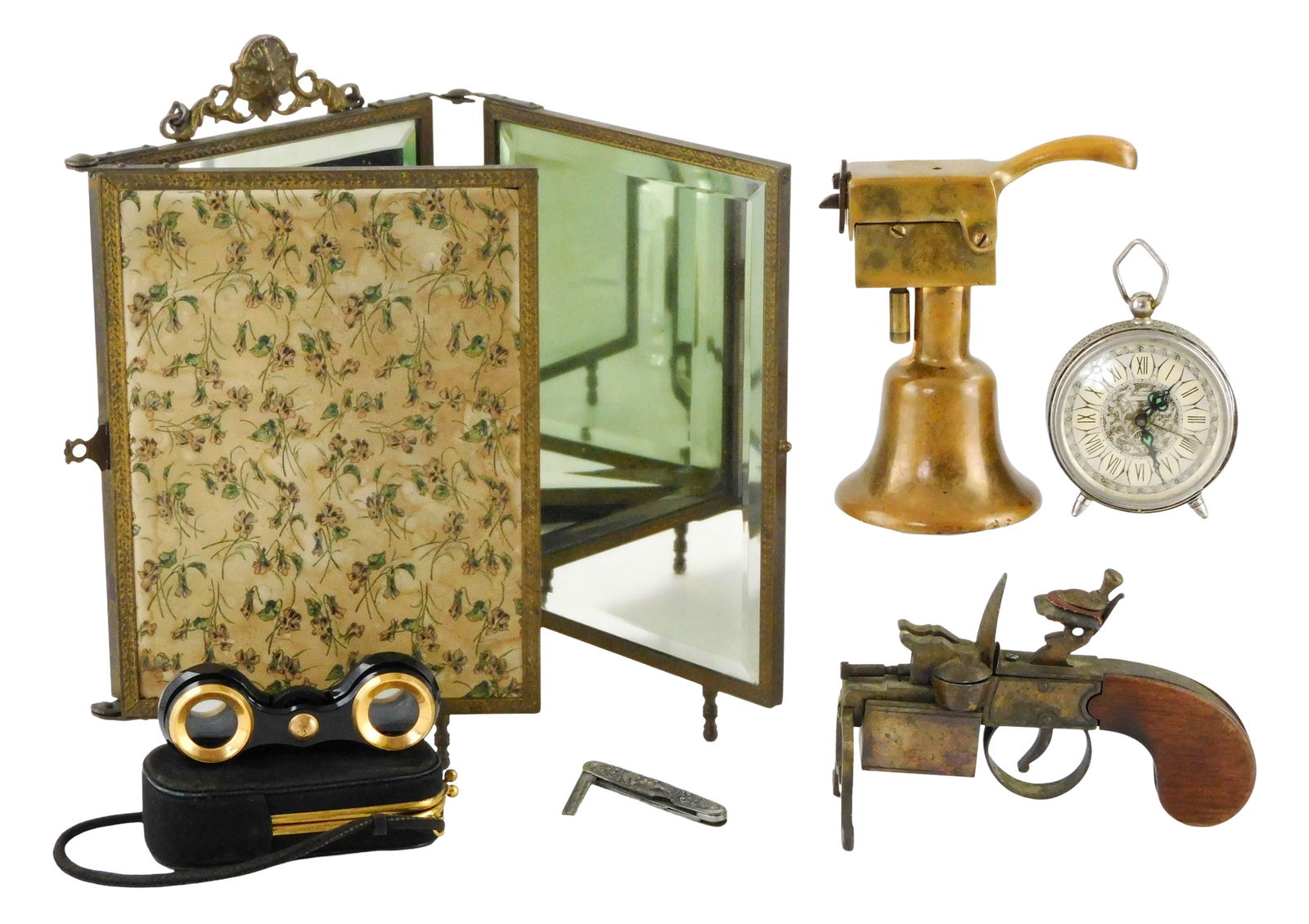 Five ladies’ and other tabletop accessories, five pieces, details include: brass bell-form (1 of 7)