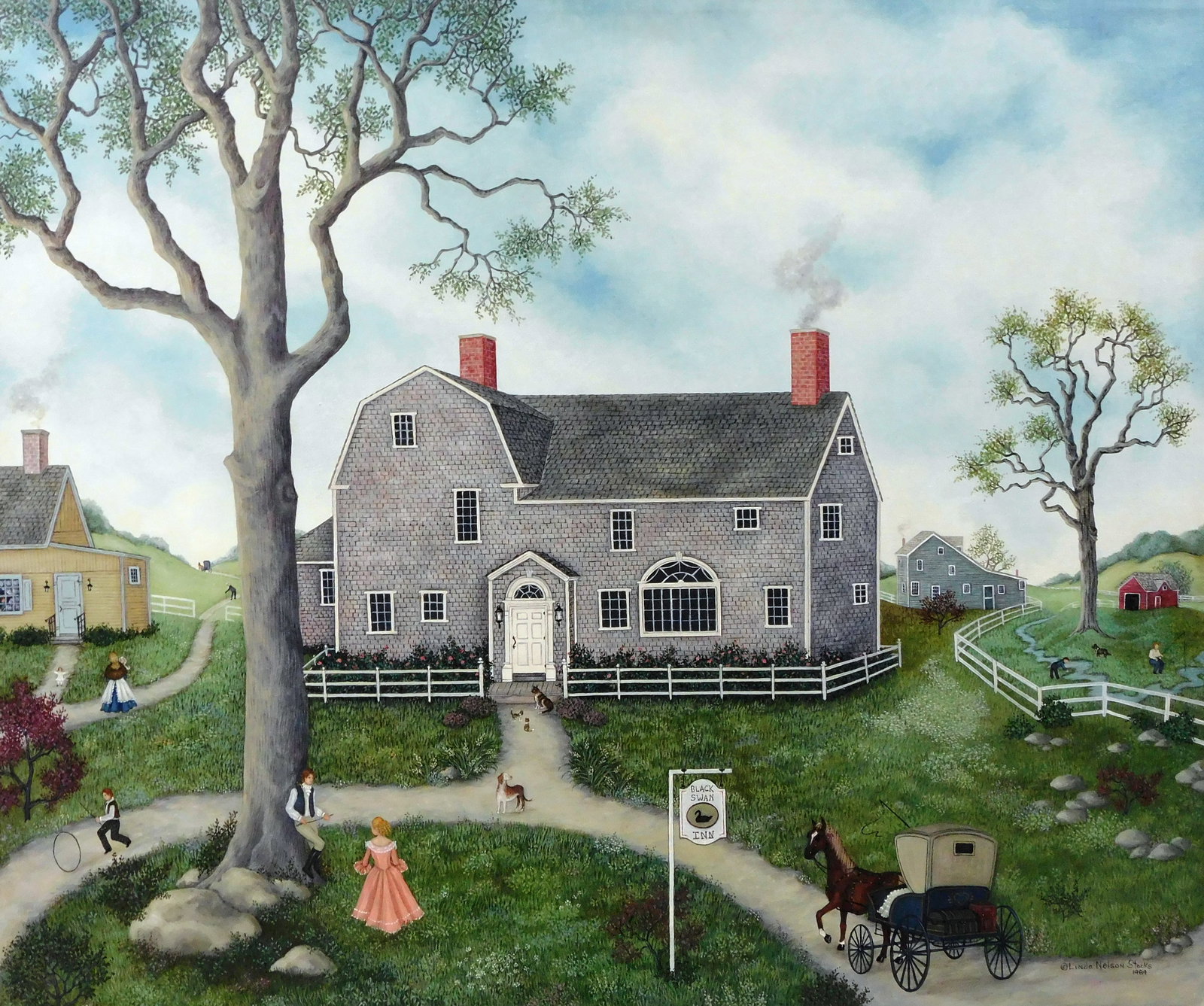 Linda Nelson Stocks (American, 1938-2011), “Black Swan Inn??, 1989, oil on archival canvas,: Linda Nelson Stocks (American, 1938-2011), “Black Swan Inn”, 1989, oil on archival canvas, signed and dated lower right, titled in pen verso, depicts New England style inn, path leading to ent