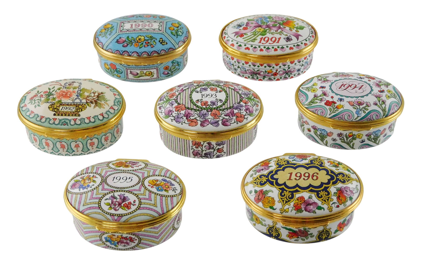 Seven Halcyon Days “A Year to Remember?? enamel trinket boxes, 1990-1996, England, all with (1 of 3)