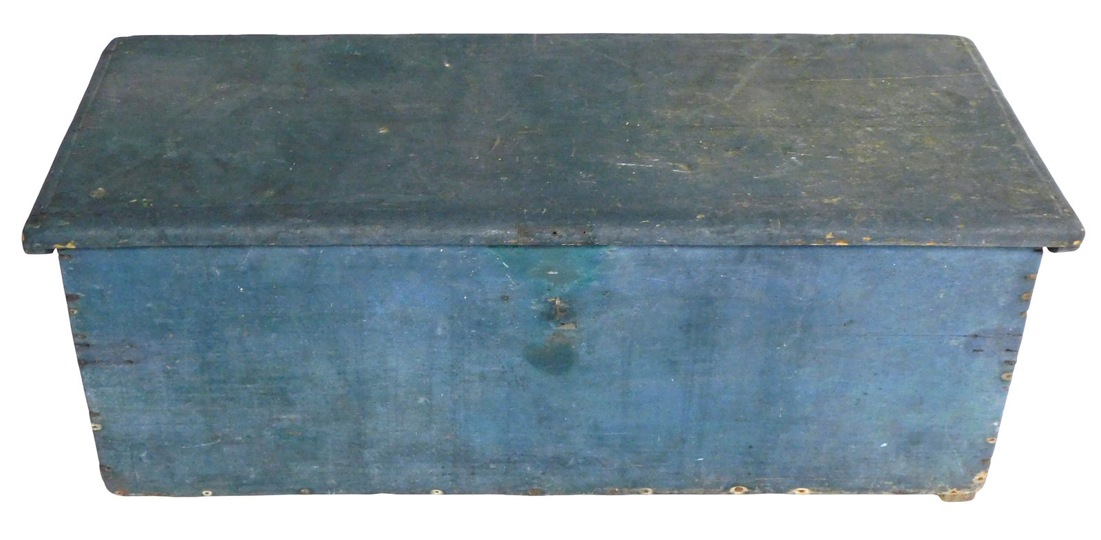Blue-green sea chest, 18th-19th C., pine, nailed construction, canted sides with adapted shelf (1 of 3)
