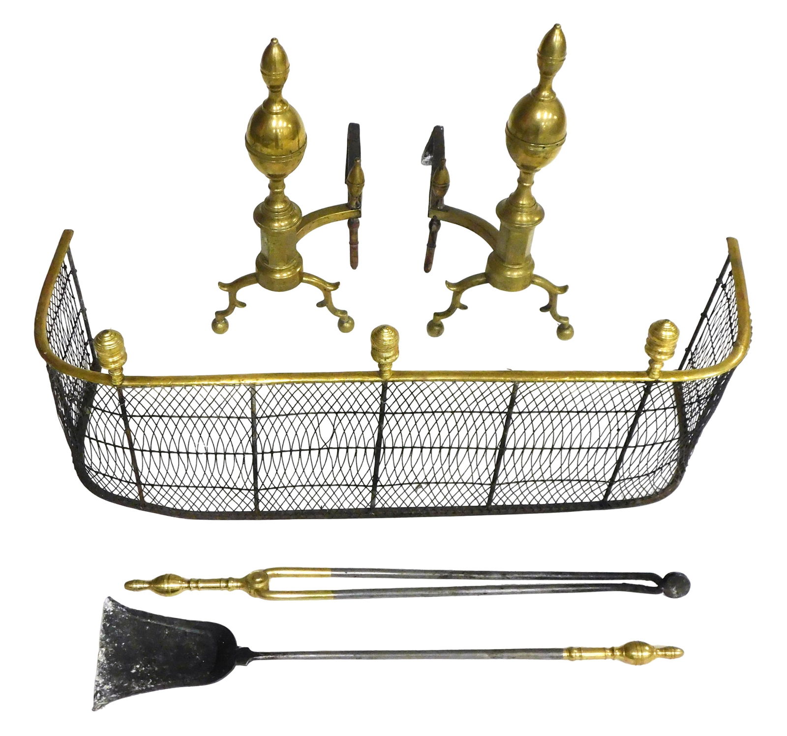 Brass andirons, fireplace fender and fireplace tools, 19th C., Federal, including: pair of double (1 of 3)