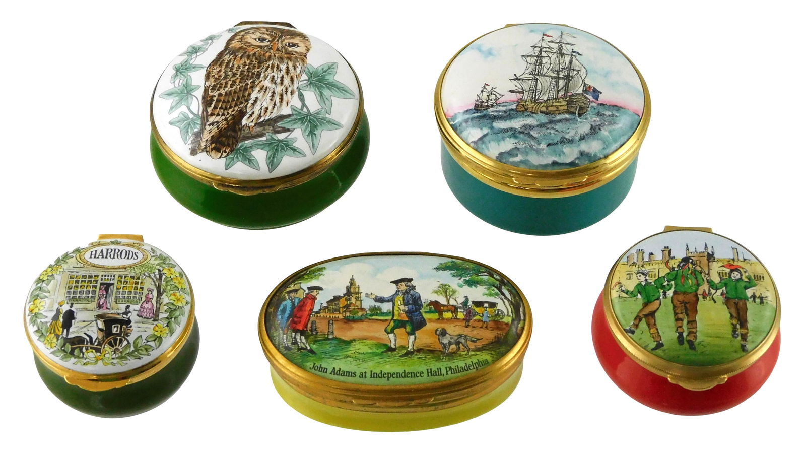 Five enamel trinket boxes, Bilston and Battersea, Crummles and Staffordshire, 20th C., England, all: Five enamel trinket boxes, Bilston and Battersea, Crummles and Staffordshire, 20th C., England, all with makers marks, including: Bilston and Battersea “John Adams at Independence Hall, Philadelphia
