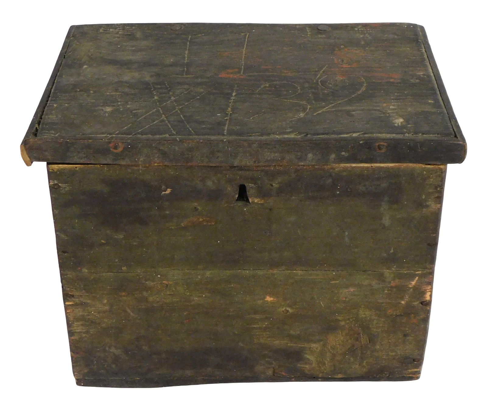 Liquor case, 18th C., pine, nailed construction, old original dark green paint, “IL XX132 (1 of 5)