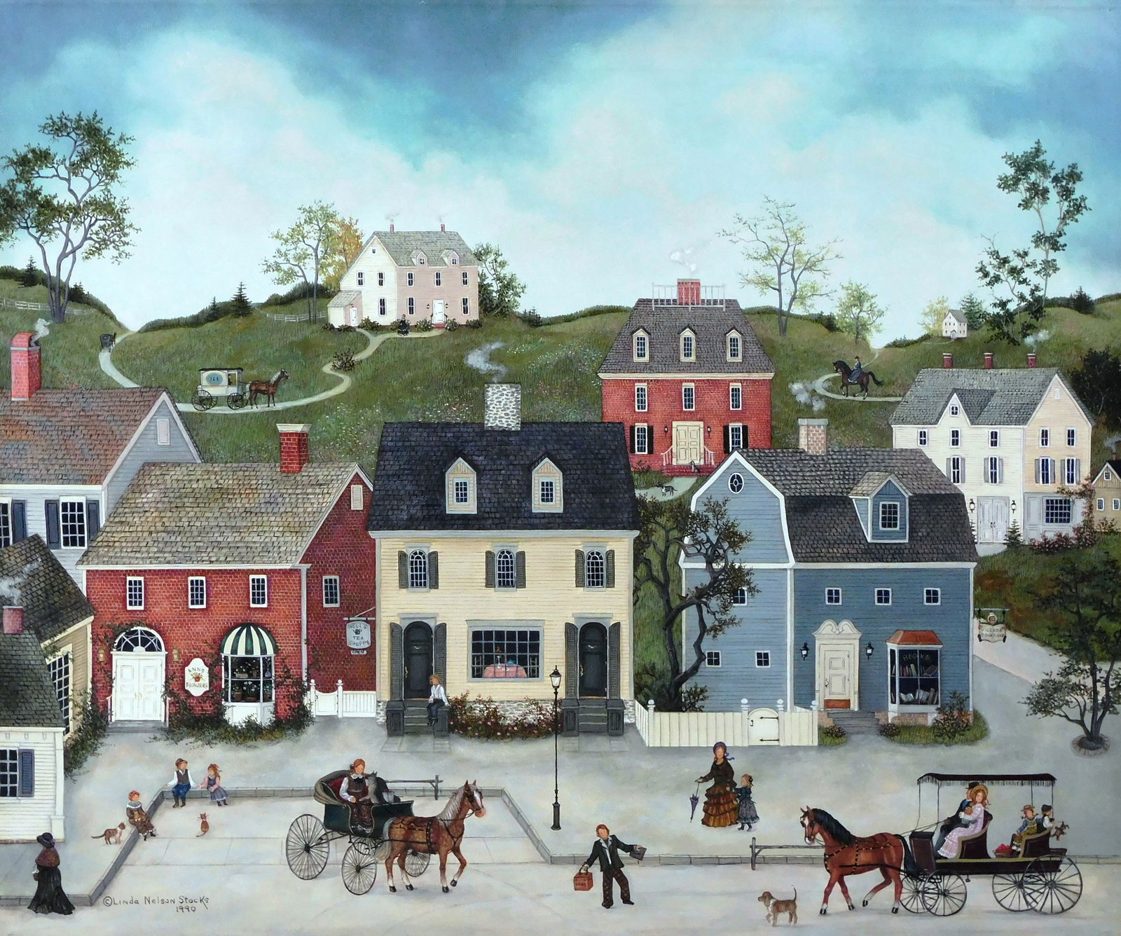 Linda Nelson Stocks (American, 1938-2011), “Village of Cheshire?? 1990, oil on archival canvas,: Linda Nelson Stocks (American, 1938-2011), “Village of Cheshire” 1990, oil on archival canvas, signed and dated lower left, titled in pen verso, depicts idyllic New England town, main street l