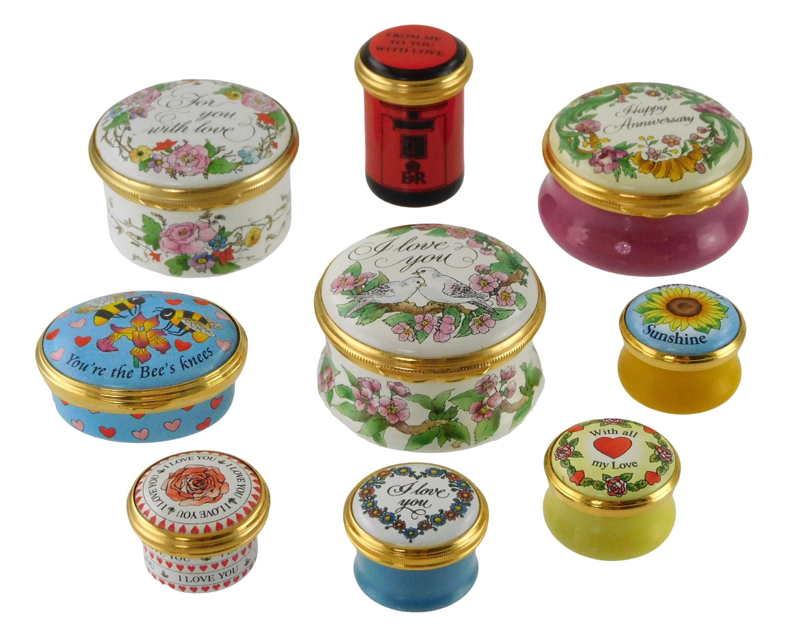 Nine love themed enamel trinket boxes, Halcyon Days and Bilston and Battersea, 20th C., England, (1 of 4)