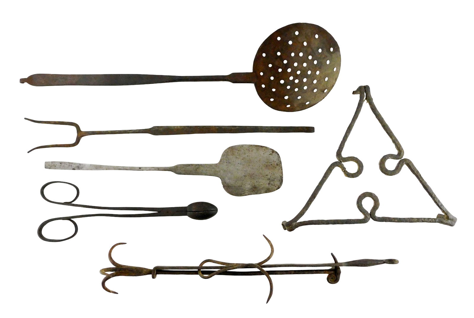 Five primitive wrought iron tools and utensils, 19th C., all with no markings, including: triangular (1 of 3)