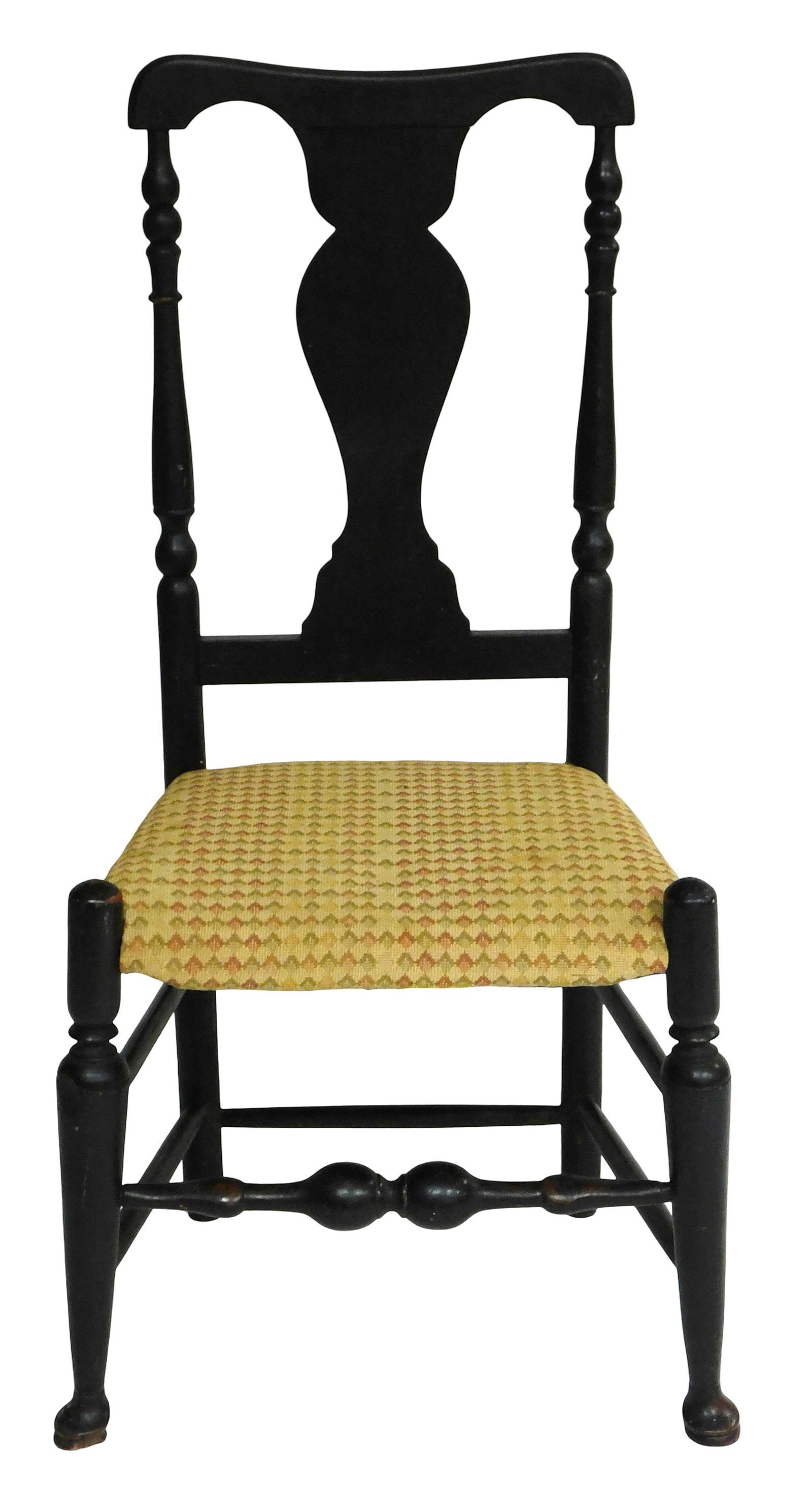 York side chair, Milford c 1765, attributed to John Durand (1735-1780) maple, ash, black over: York side chair, Milford c 1765, attributed to John Durand (1735-1780) maple, ash, black over original red, yoke crest, vase form splat, double ball tapered stiles, currently seat upholstered on origi