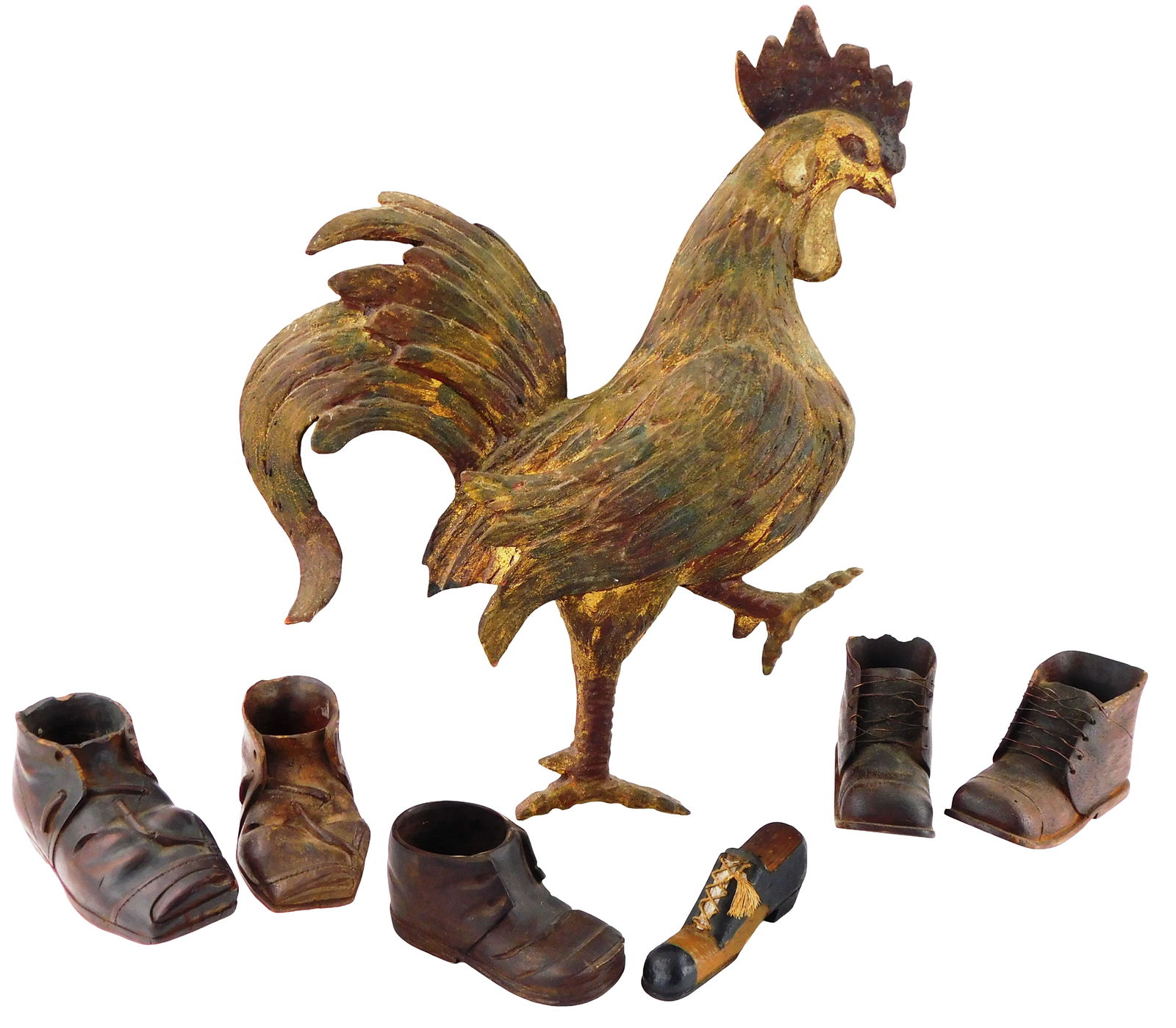 Seven hand-carved wood folk art Americana pieces, rooster and miniature shoes, 20th C., all: Seven hand-carved wood folk art Americana pieces, rooster and miniature shoes, 20th C., all decorative, including: rooster, intricately carved details with remnants of old paint and guilt, some tips o