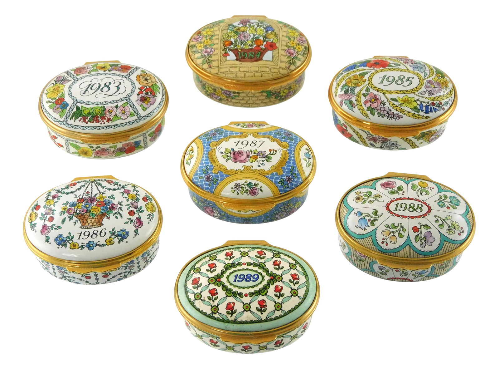 Seven Halcyon Days “A Year to Remember?? enamel trinket boxes, 1983-1989, England, all with (1 of 3)