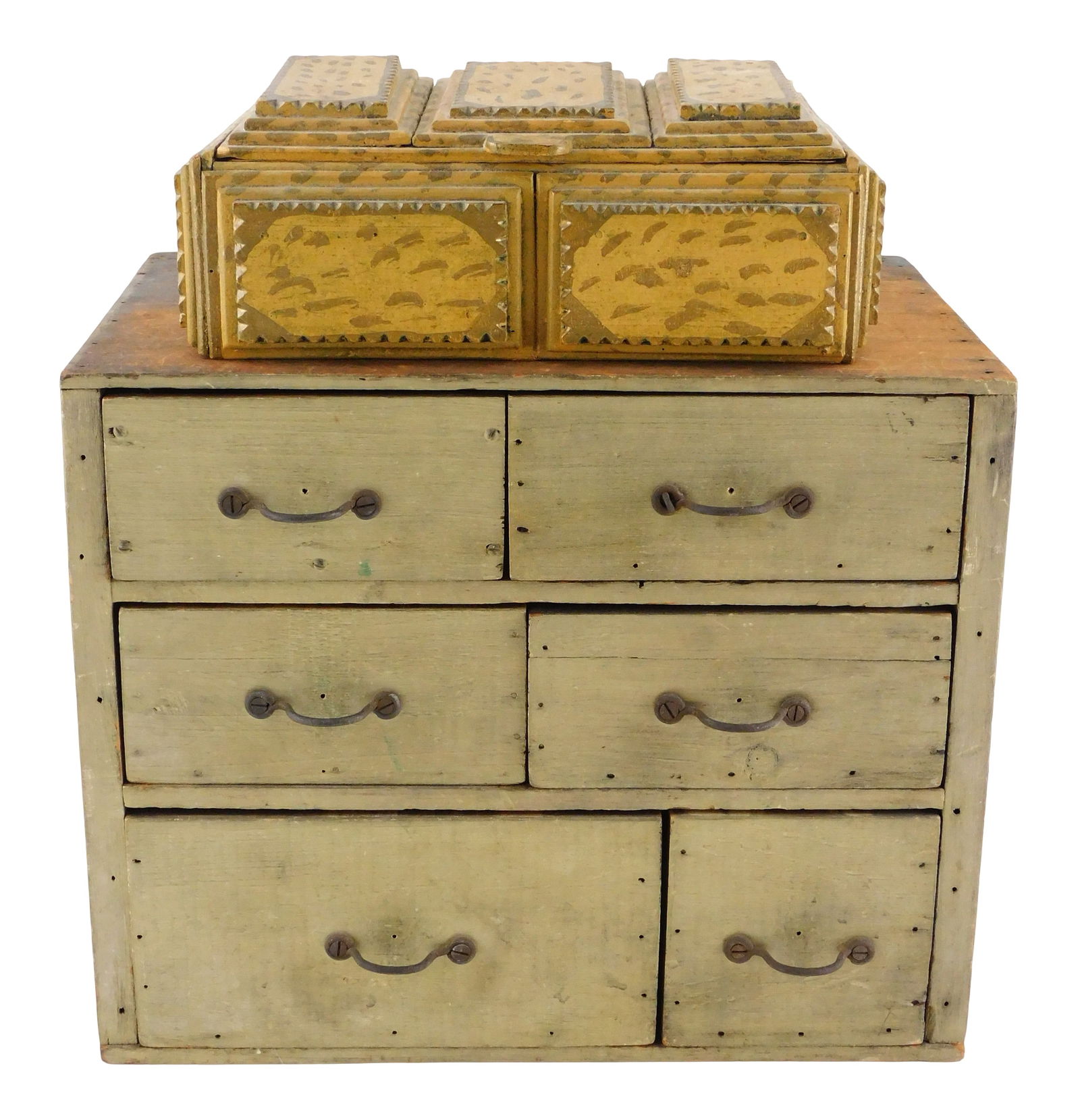 Storage box and small drawer chest, including: storage box, 19th C., yellow and spot decoration, (1 of 7)