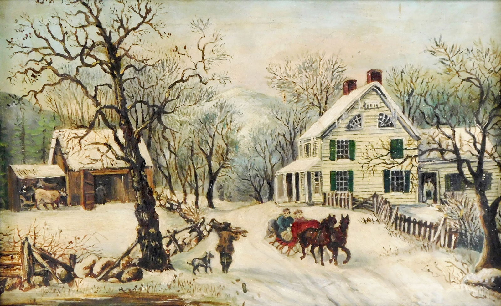 Naive copy of Currier and Ives’ “American Homestead Winter??, depicts wintery scene with: Naive copy of Currier and Ives' "American Homestead Winter", depicts wintery scene with farmhouse and barn with people on horse sleigh, unsigned, with holiday card bearing print of original, wear cons