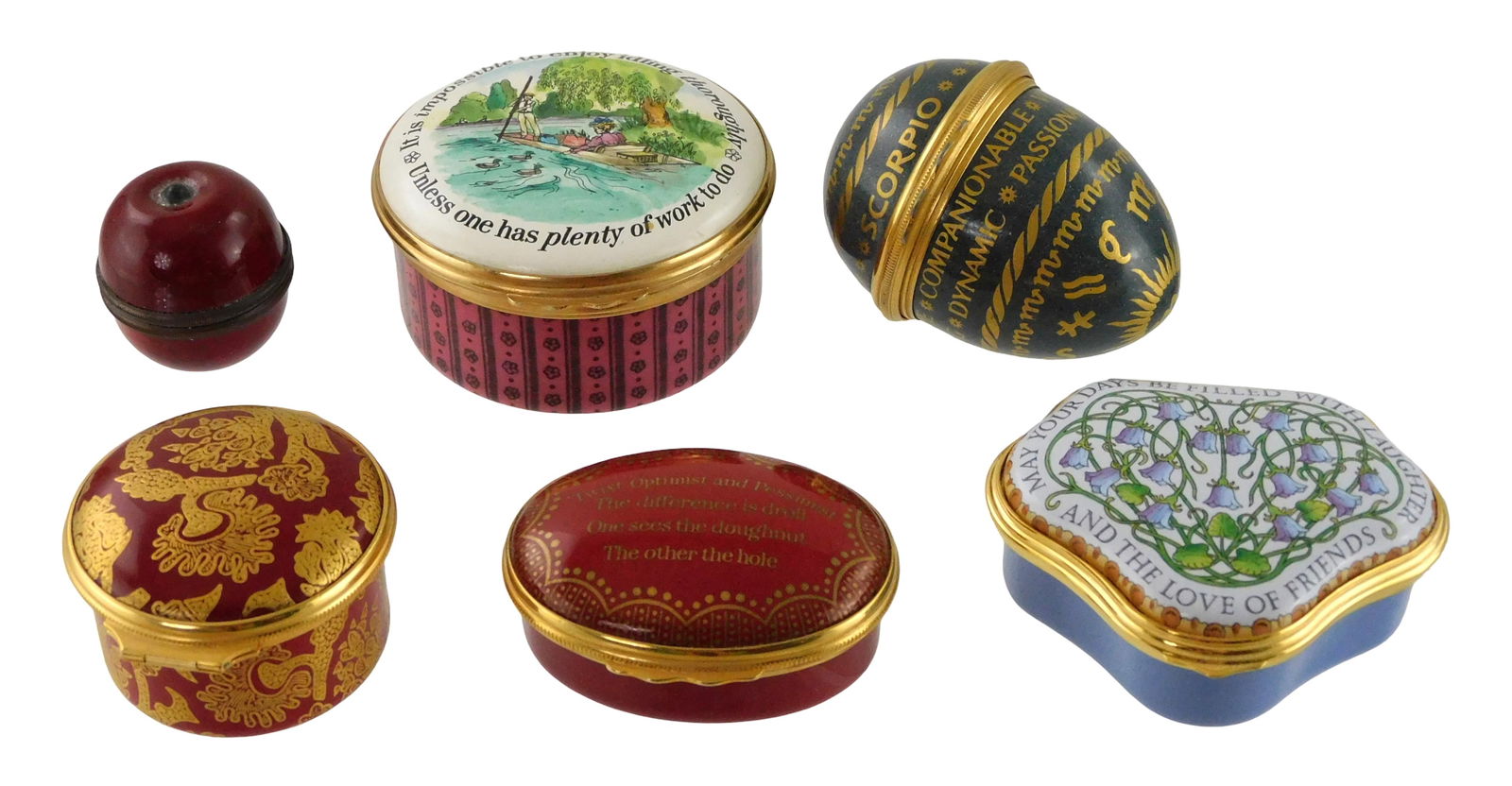 Six Halcyon Days enamel trinket boxes, 20th C., England, all with makers mark, including: three (1 of 3)