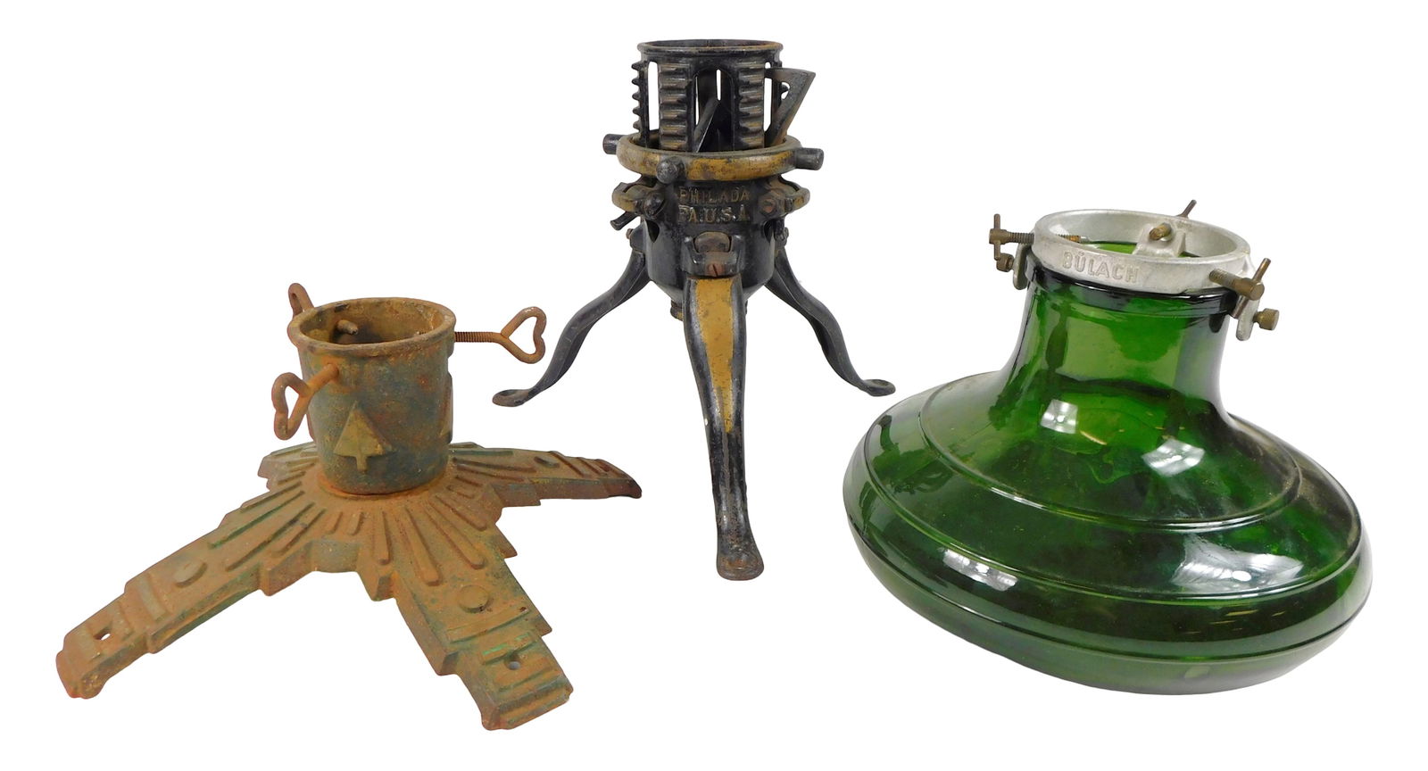 Three Christmas tree stands, late 19th- mid 20th C., including: Bulach model #520 glass bottom tree: Three Christmas tree stands, late 19th- mid 20th C., including: Bulach model #520 glass bottom tree stand, 1930’s-1950’s, Switzerland, emerald green glass lantern style bottom with metal bracket,