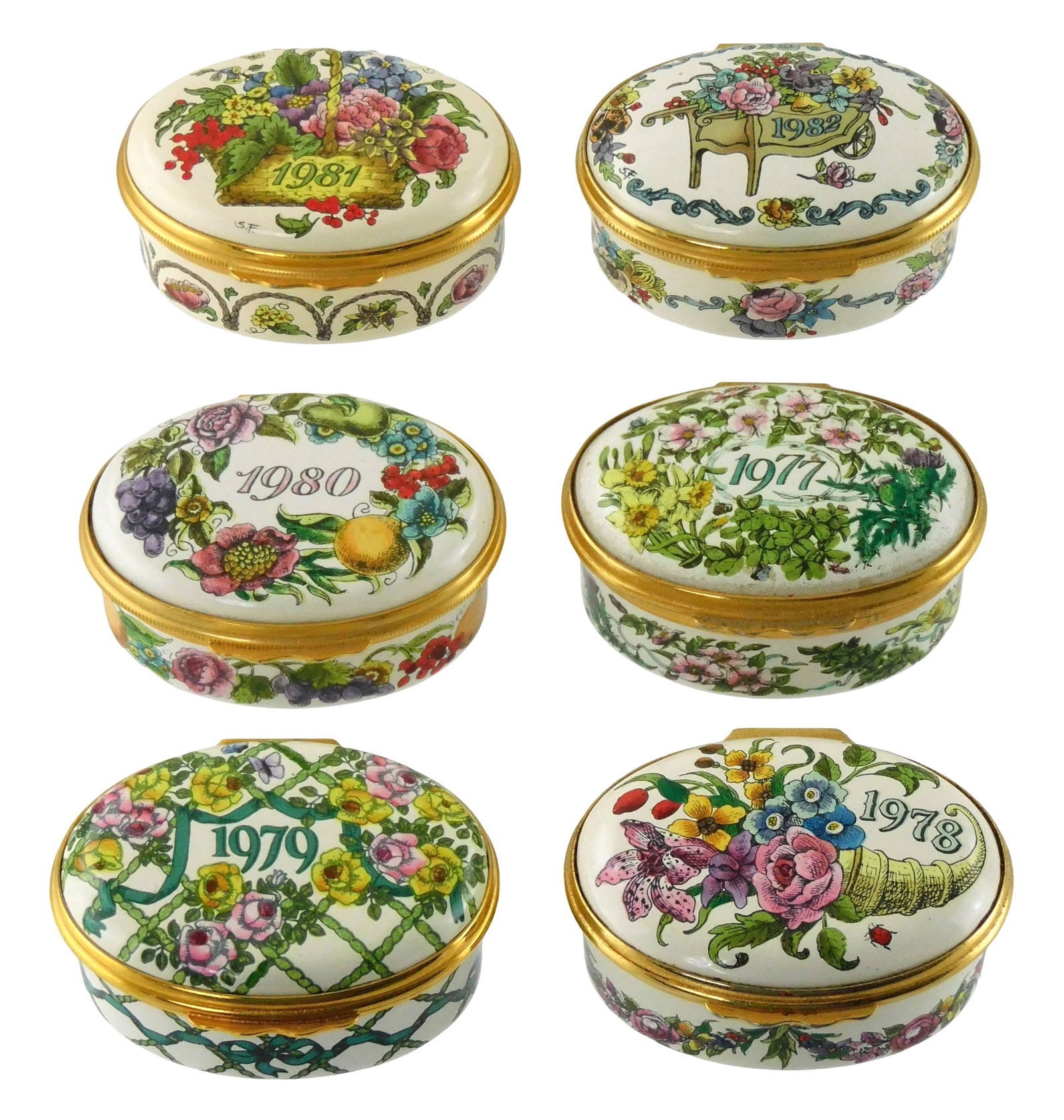 Six Halcyon Days “A Year to Remember?? enamel trinket boxes, 1977-1982, England, all with makers (1 of 3)