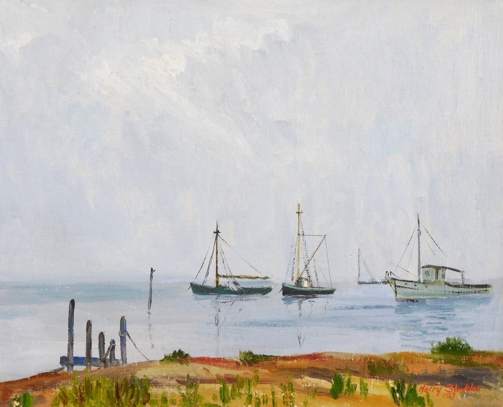 Harry Shokler (American, 1896-1978), oil on canvas, seascape, moored boats, signed and dated 1937,: Harry Shokler (American, 1896-1978), oil on canvas, seascape, moored boats, signed and dated 1937, unframed, off stretcher, condition consistent with age, ss: 13" h. x 16" w.