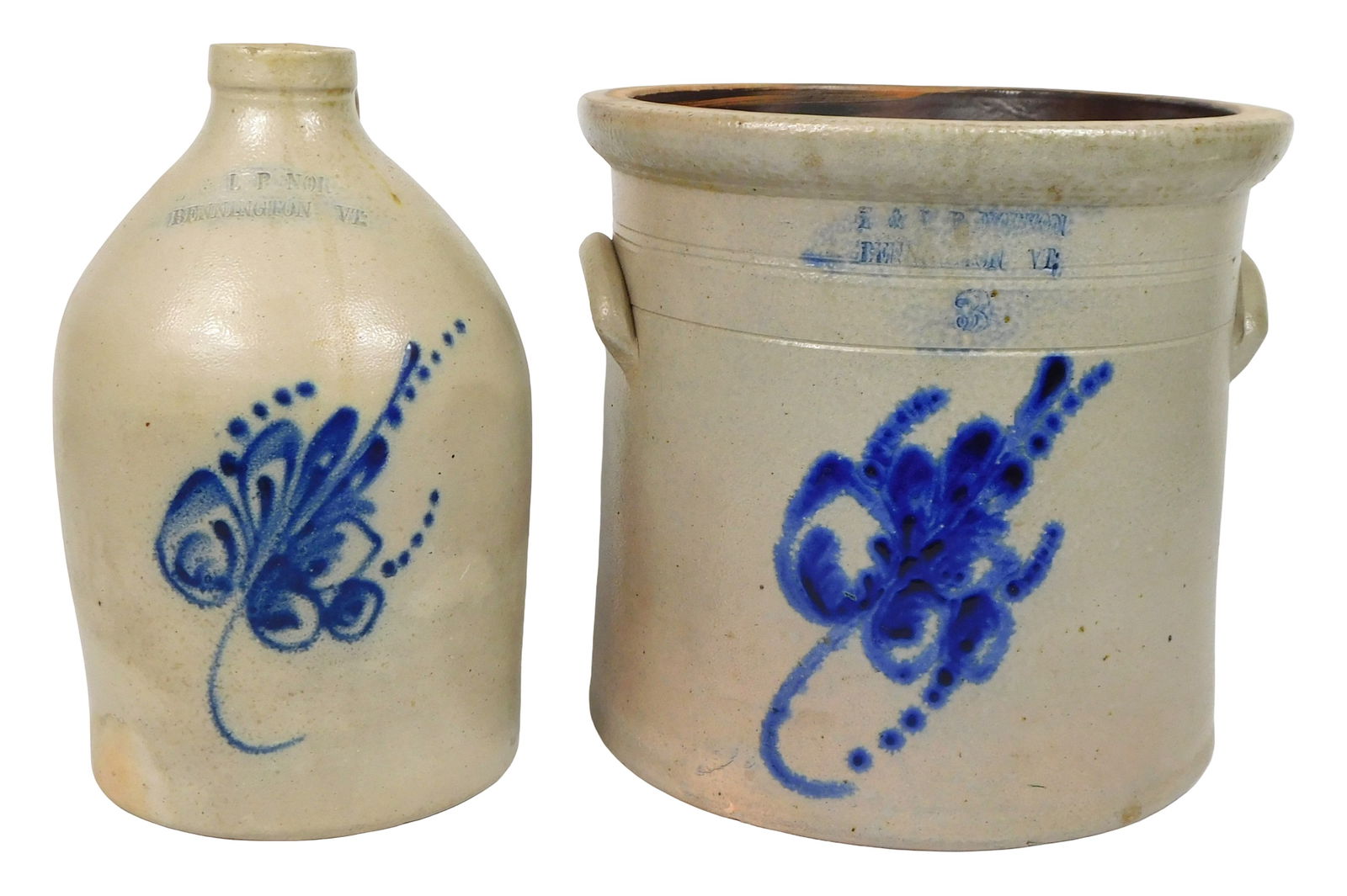 Bennington Vermont salt glazed stoneware crock and jug, 19th C., both by E & L P Norton, (1 of 7)
