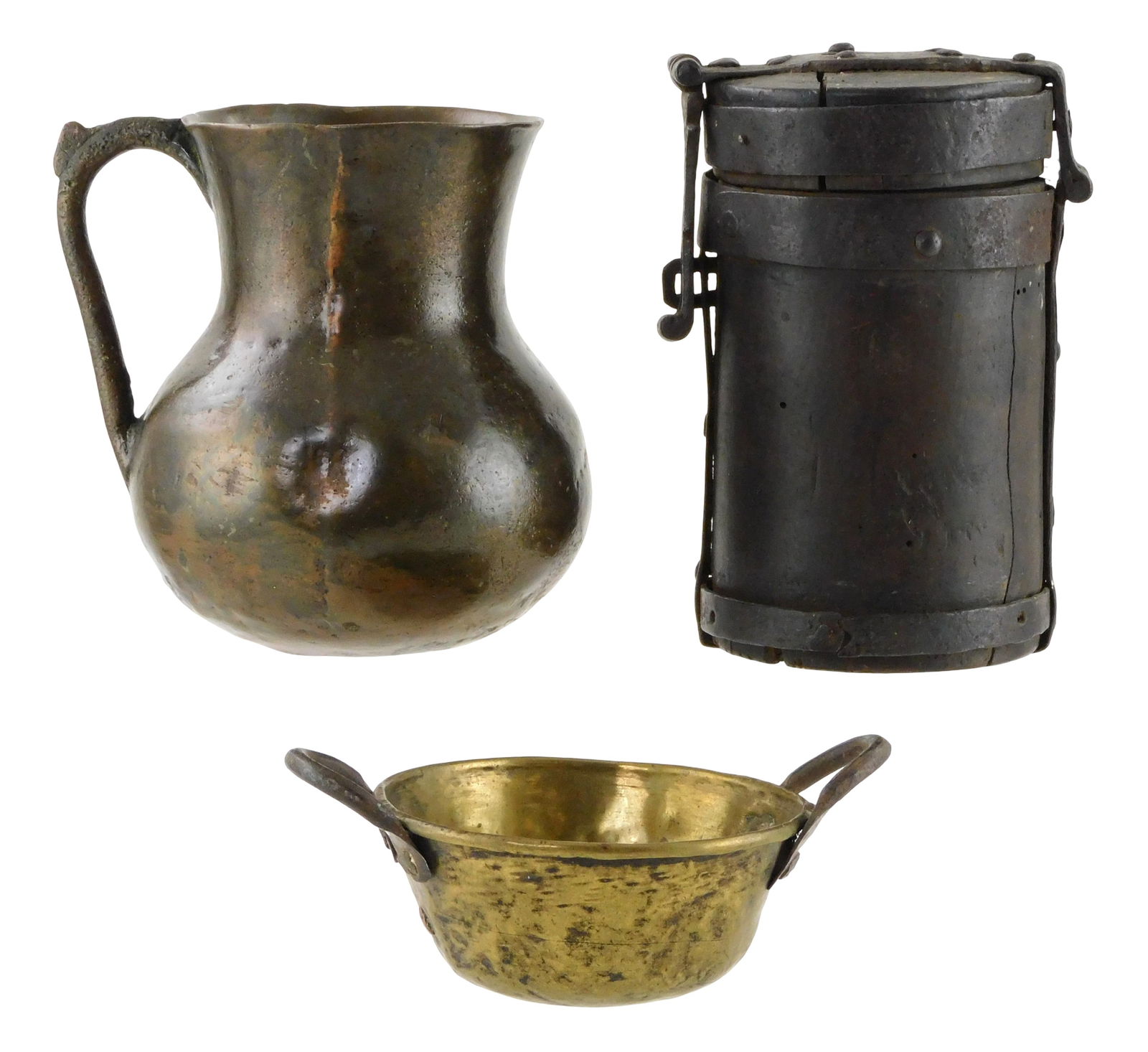 Three early vessels, including: large bronze measure, likely English, likely 15th-16th C., large: Three early vessels, including: large bronze measure, likely English, likely 15th-16th C., large bronze measure with many old repairs to base and body, 5 1/2” h.; cylindrical alms or strong box,