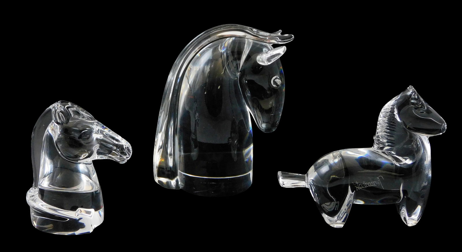 ART GLASS: Three crystal horse figures, Steuben and Baccarat, all signed, including: Steuben horse (1 of 4)