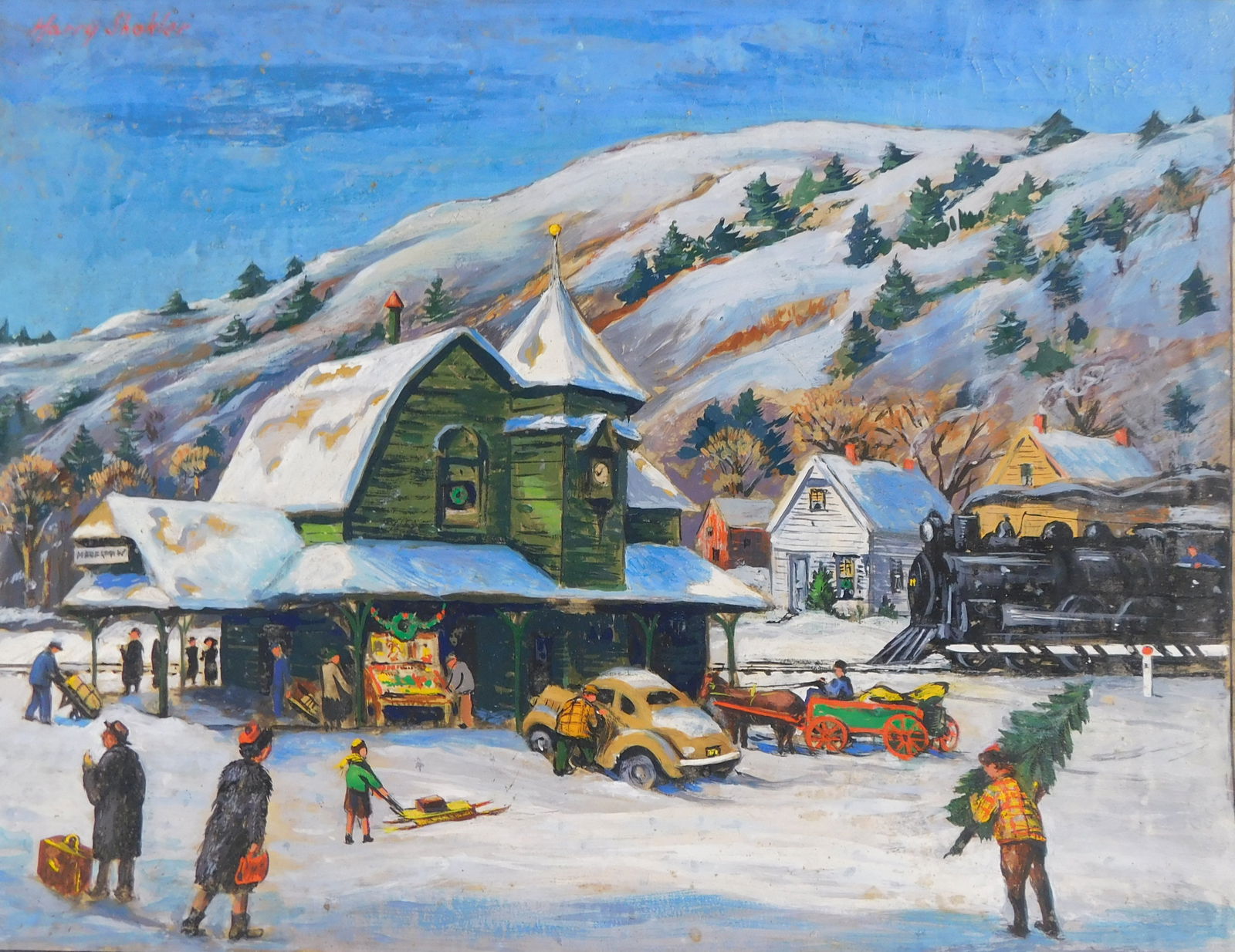 Harry Shokler (American, 1896-1978), gouache on paper, naive winter landscape, likely Vermont,: Harry Shokler (American, 1896-1978), gouache on paper, naive winter landscape, likely Vermont, signed upper left corner, unframed, condition consistent with age including craquelure, previously laid d