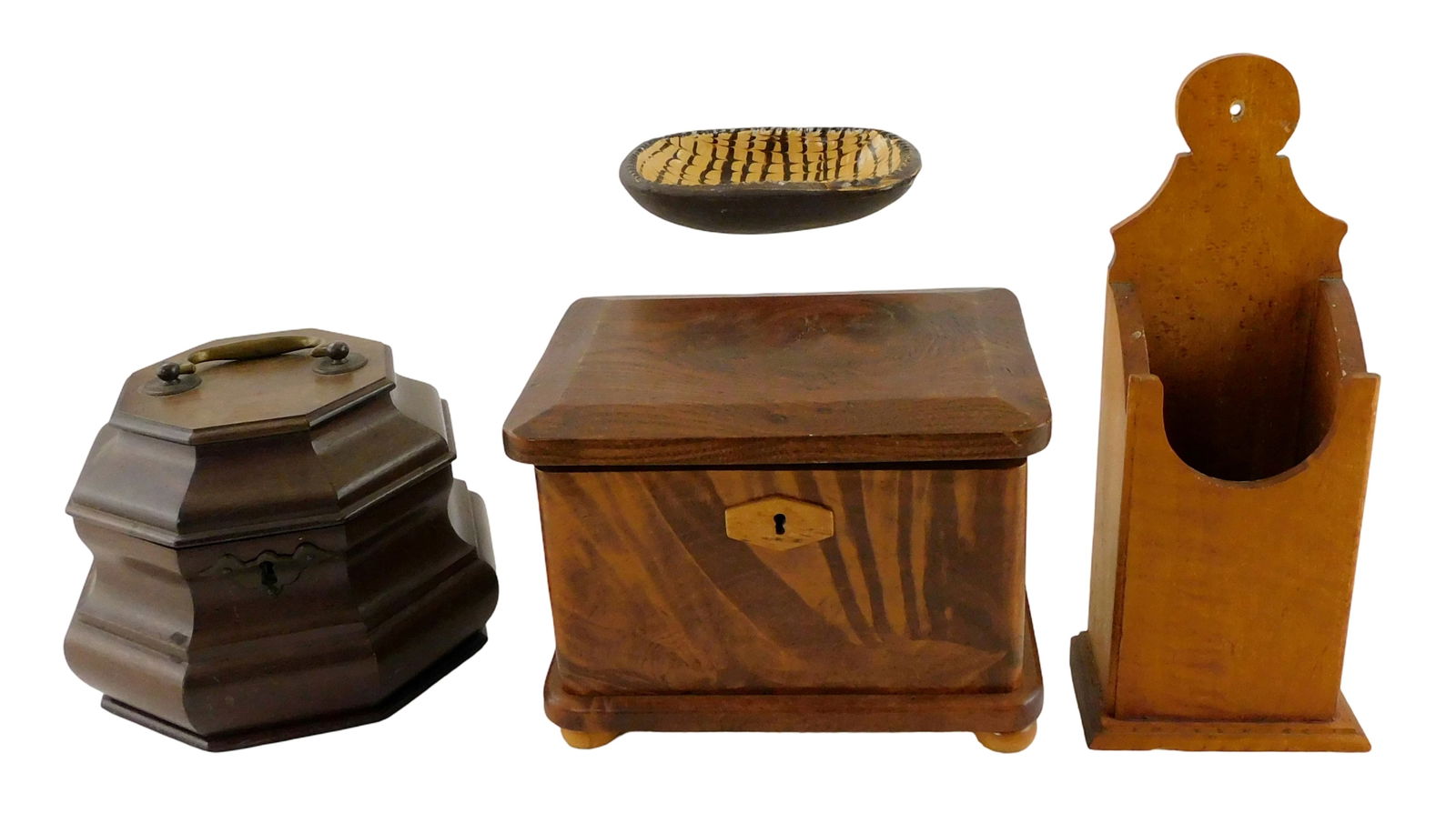 Three reproduction wooden boxes and ceramic bowl, 20th C., including: wood jewelry box or tea cady, (1 of 9)