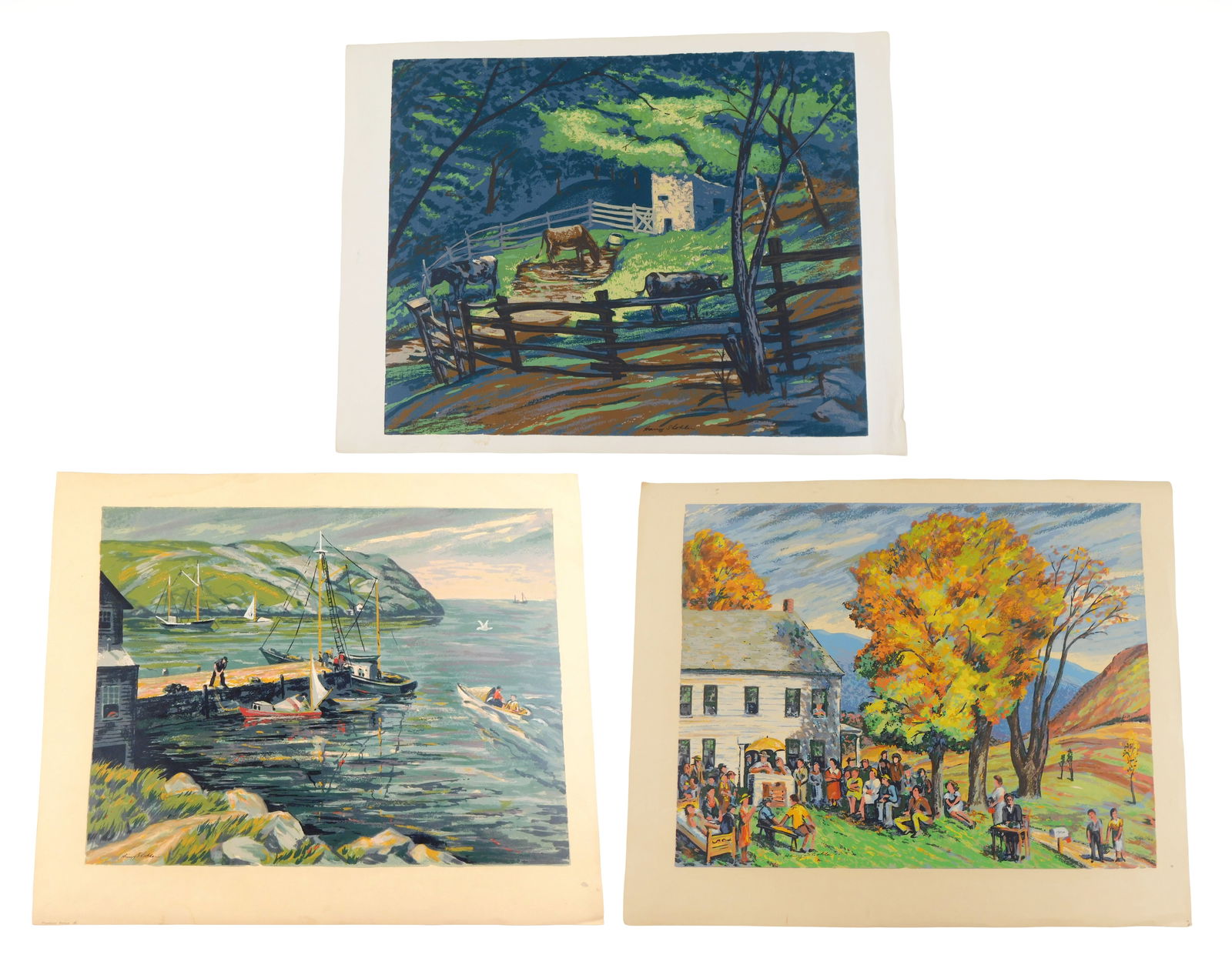 Harry Shokler (American, 1896-1978) three serigraphs, including "Midsummer", "Island Harbor", and: Harry Shokler (American, 1896-1978) three serigraphs, including "Midsummer", "Island Harbor", and "Vermont Auction", all unframed, condition consistent with age including toning, creases, bent edges,