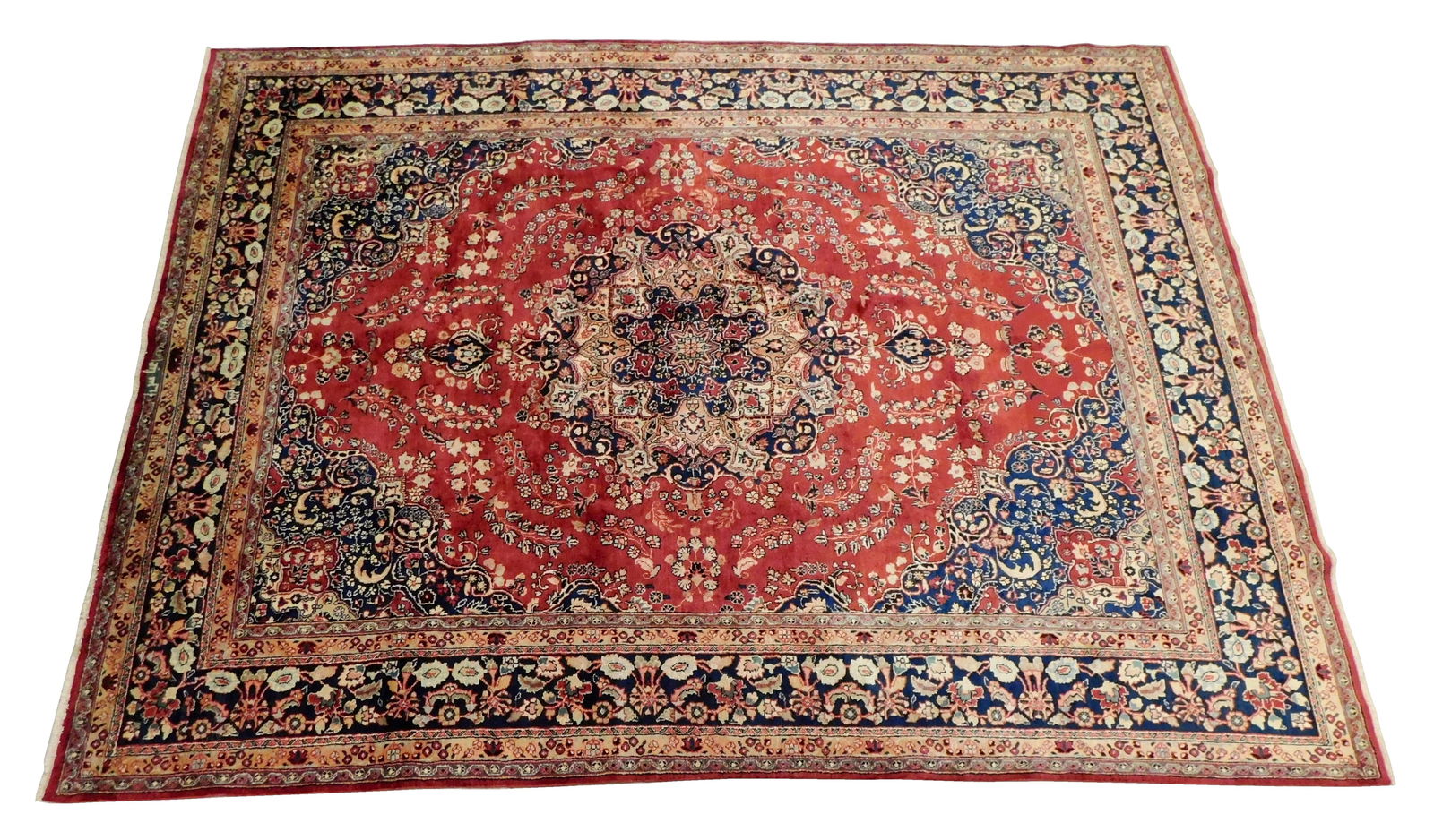 RUG: Tabriz, 10' x 13', wool on cotton, navy blue border, red field, classic design motifs (1 of 4)