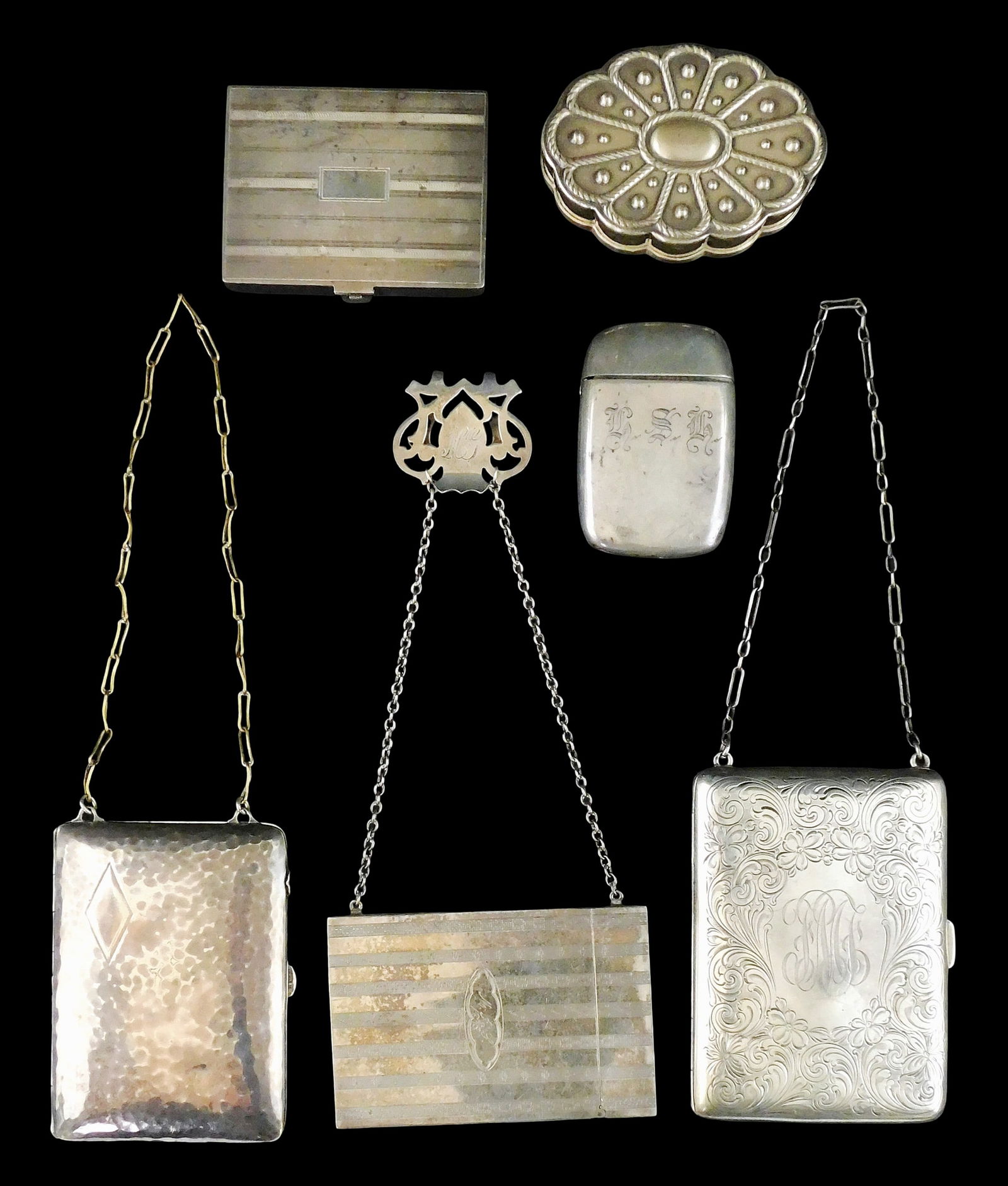 STERLING: Rogers Lunt & Bowlen, etc., six marked sterling miniature card cases and compacts, details (1 of 3)