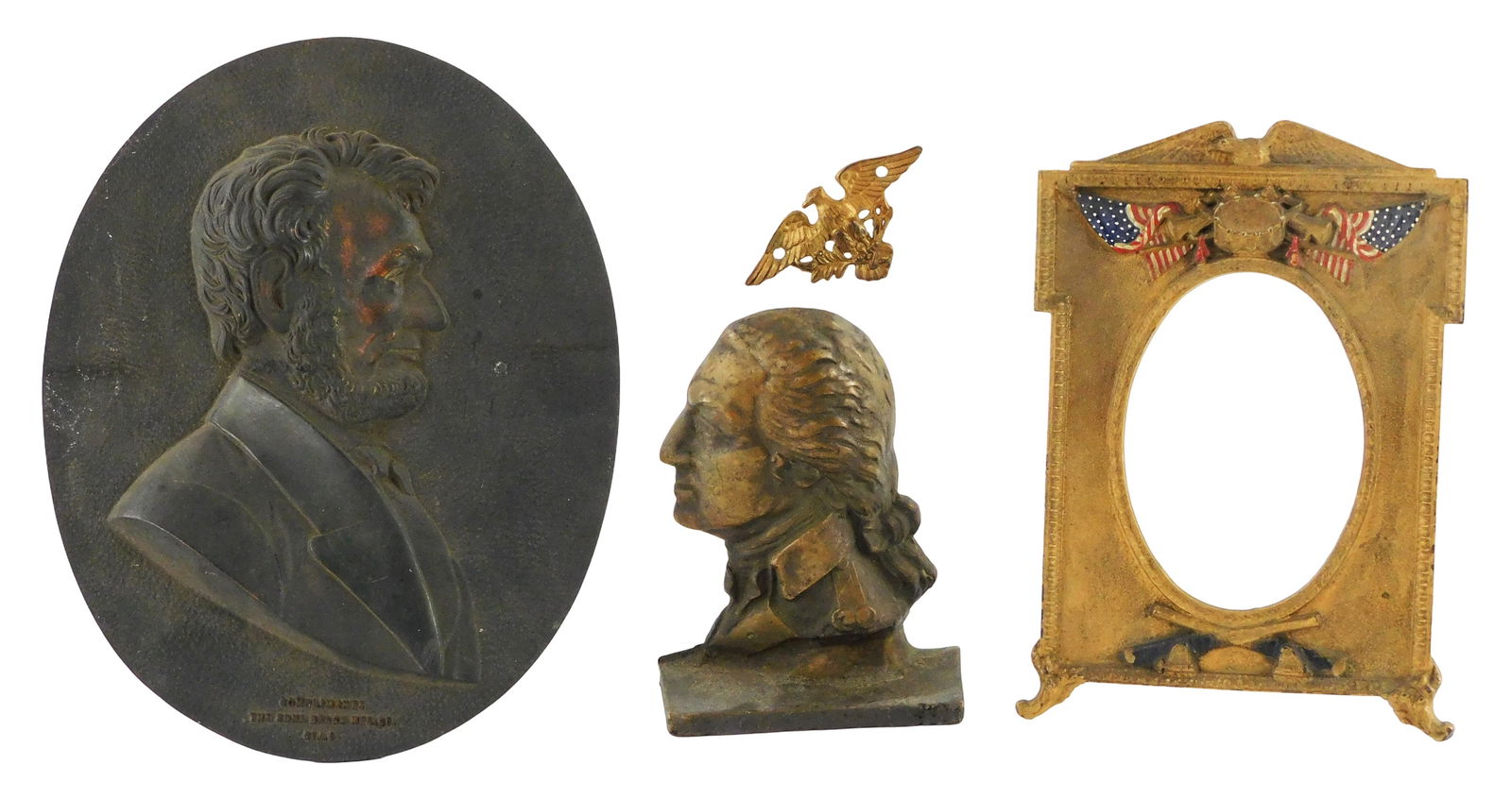 Four pieces of patriotic themed metalware, including: World War One era patriotic themed cast iron: Four pieces of patriotic themed metalware, including: World War One era patriotic themed cast iron picture frame, gilt paint, hand painted flags and guns, missing glass, 9" h. x 6 1/4" l.; American ea