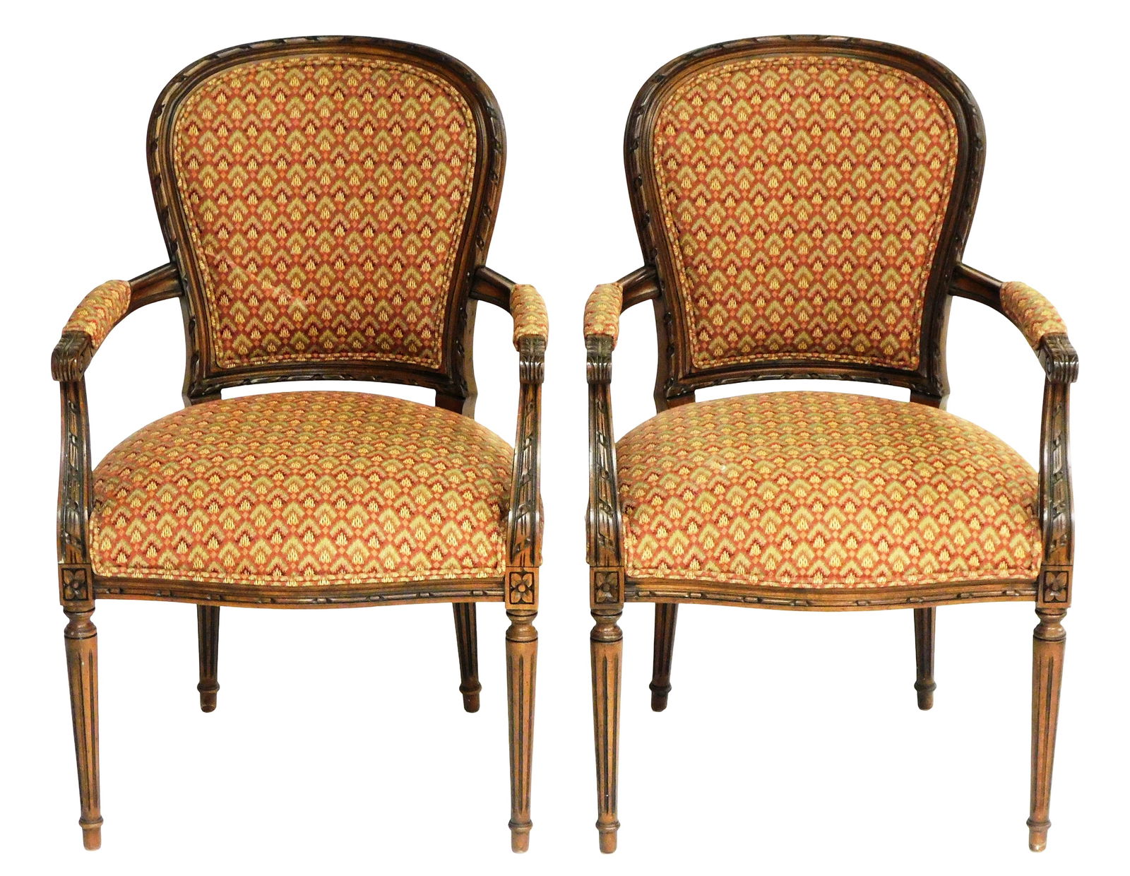 Pair of Ethan Allen French Louis XVI style balloon back armchairs, contemporary, United States,: Pair of Ethan Allen French Louis XVI style balloon back armchairs, contemporary, United States, makers tag verso, mahogany, reeded legs, intricately carved designs on arms and back support, carved flo